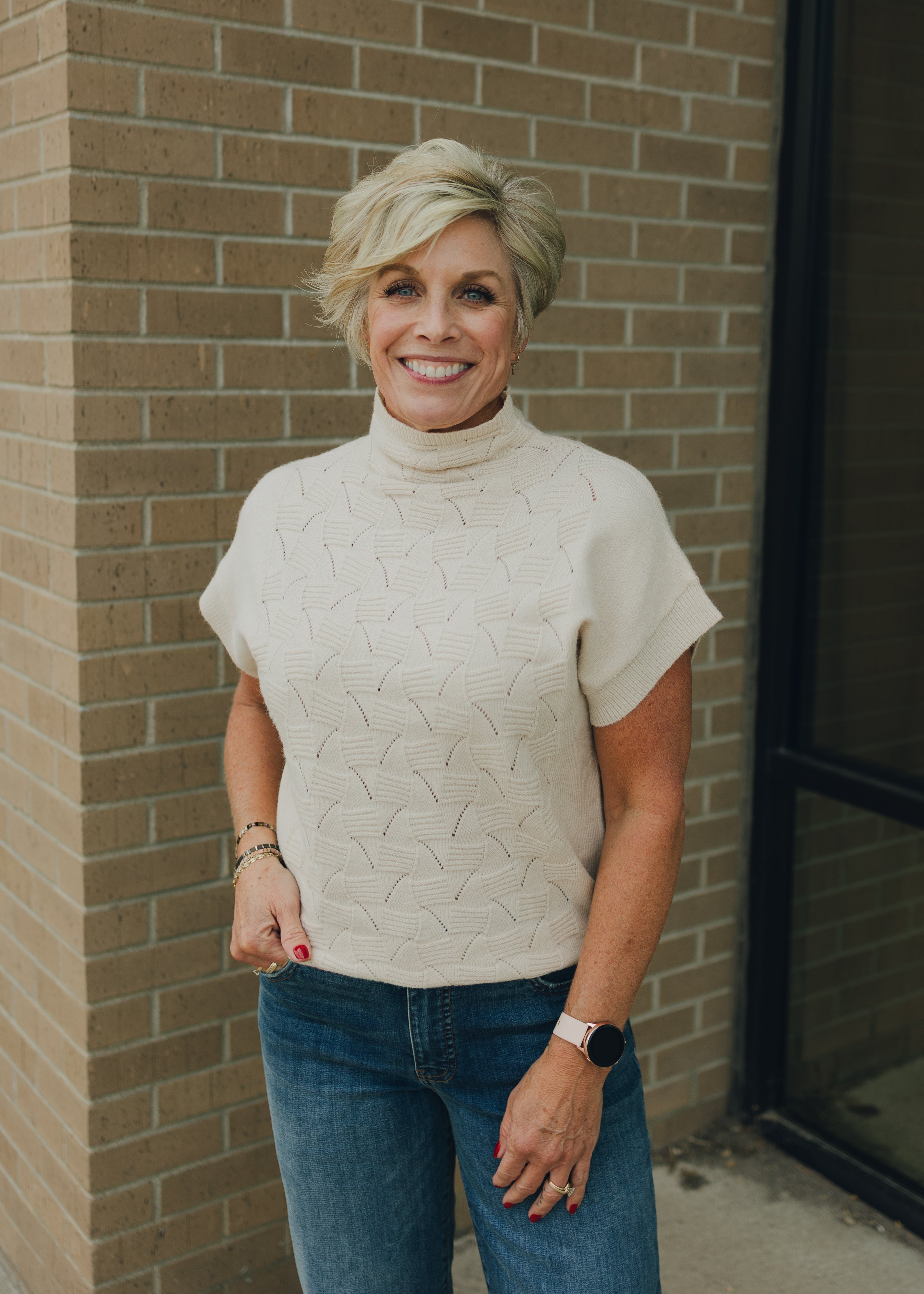 Textured Mock Neck Half Sleeve Sweater