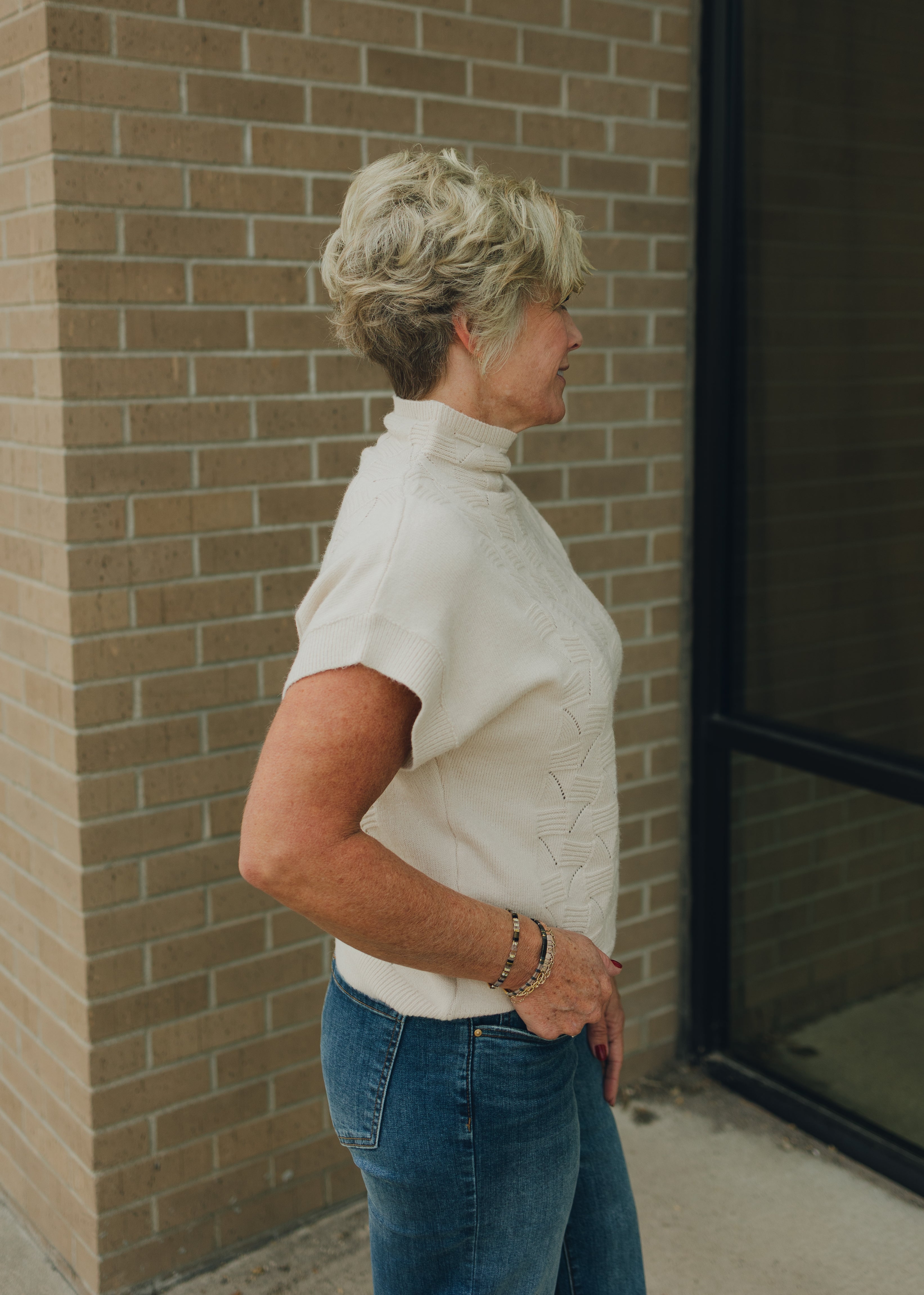 Textured Mock Neck Half Sleeve Sweater