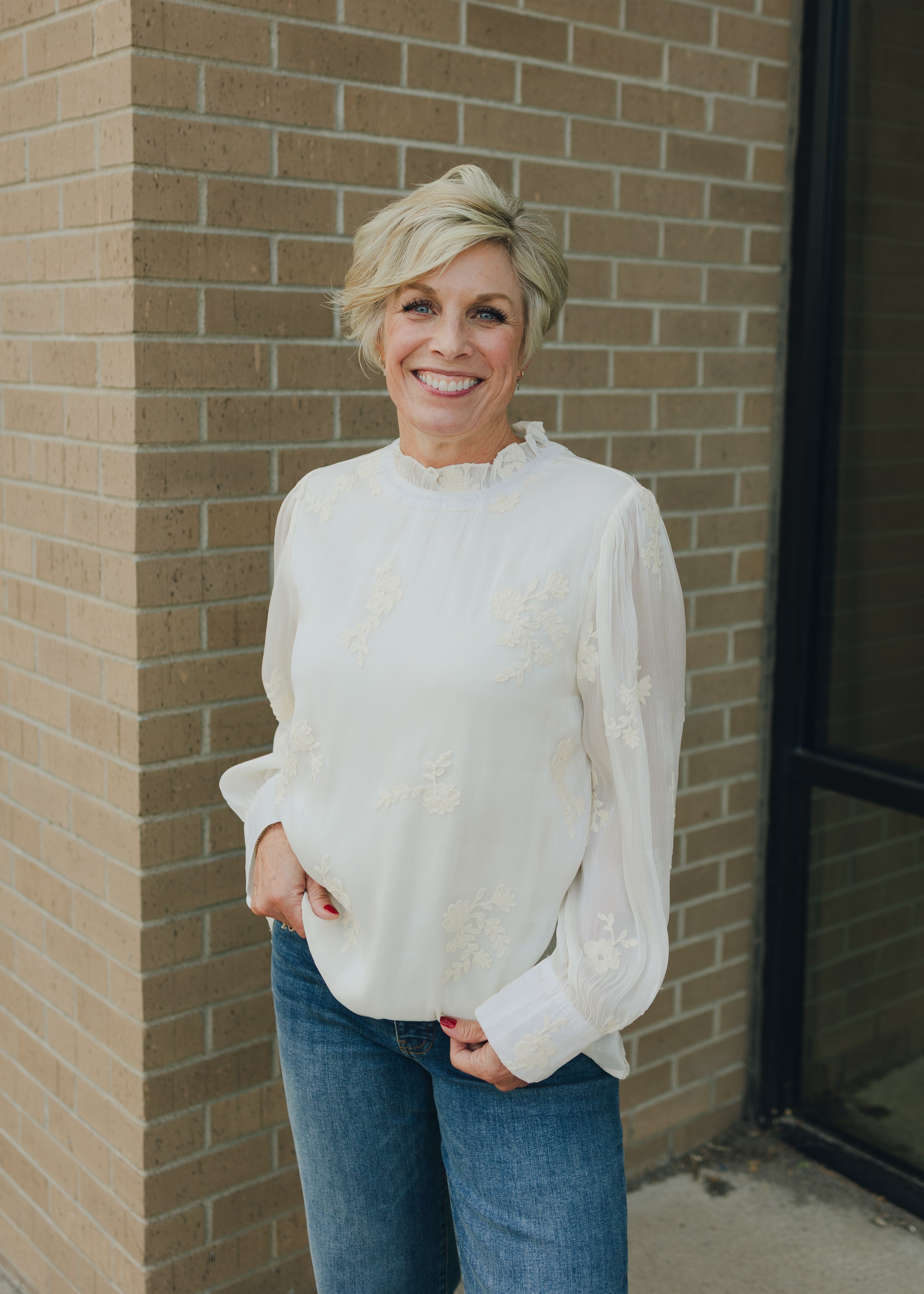 Ruffled Neck Embroidered Top