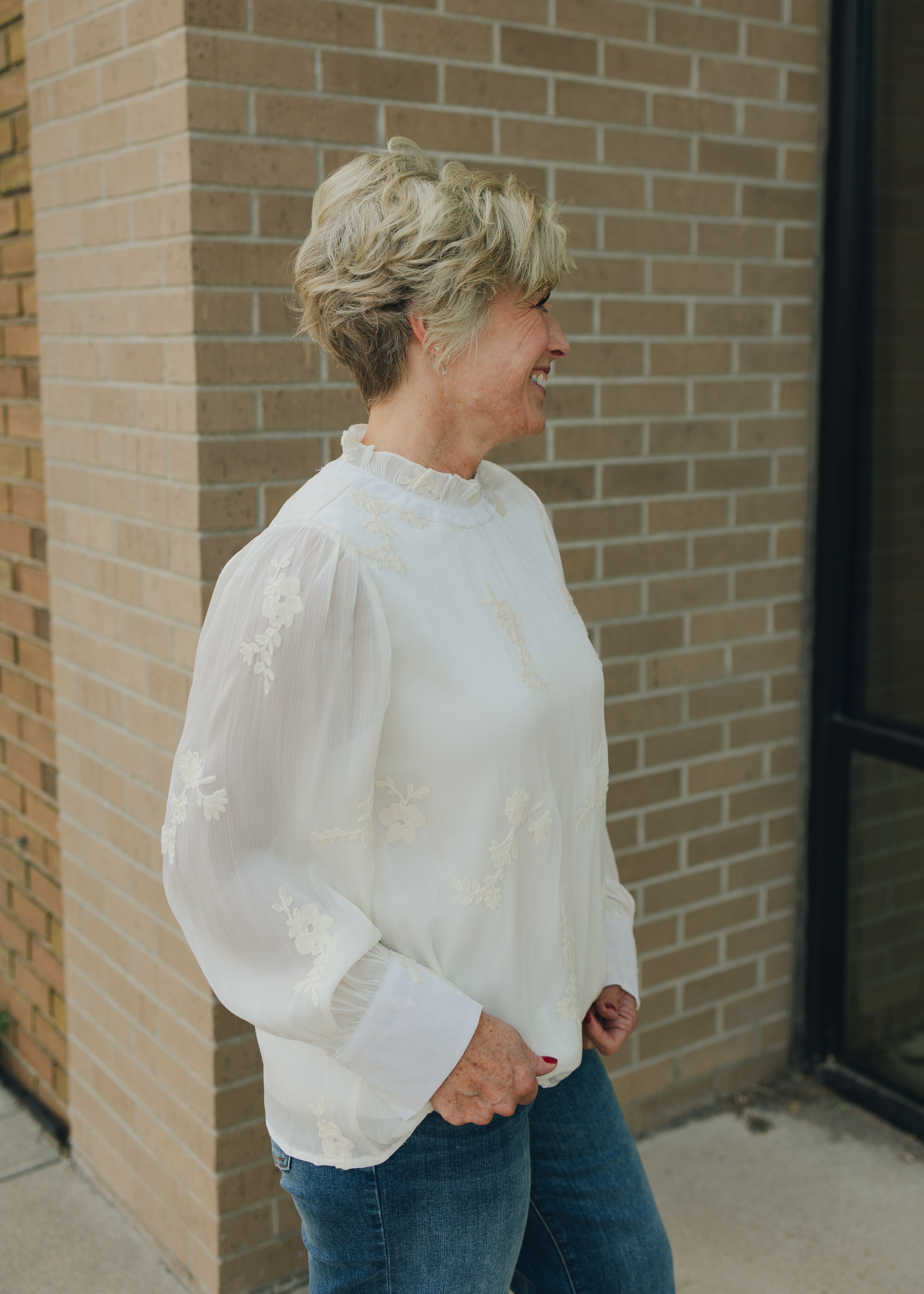 Ruffled Neck Embroidered Top