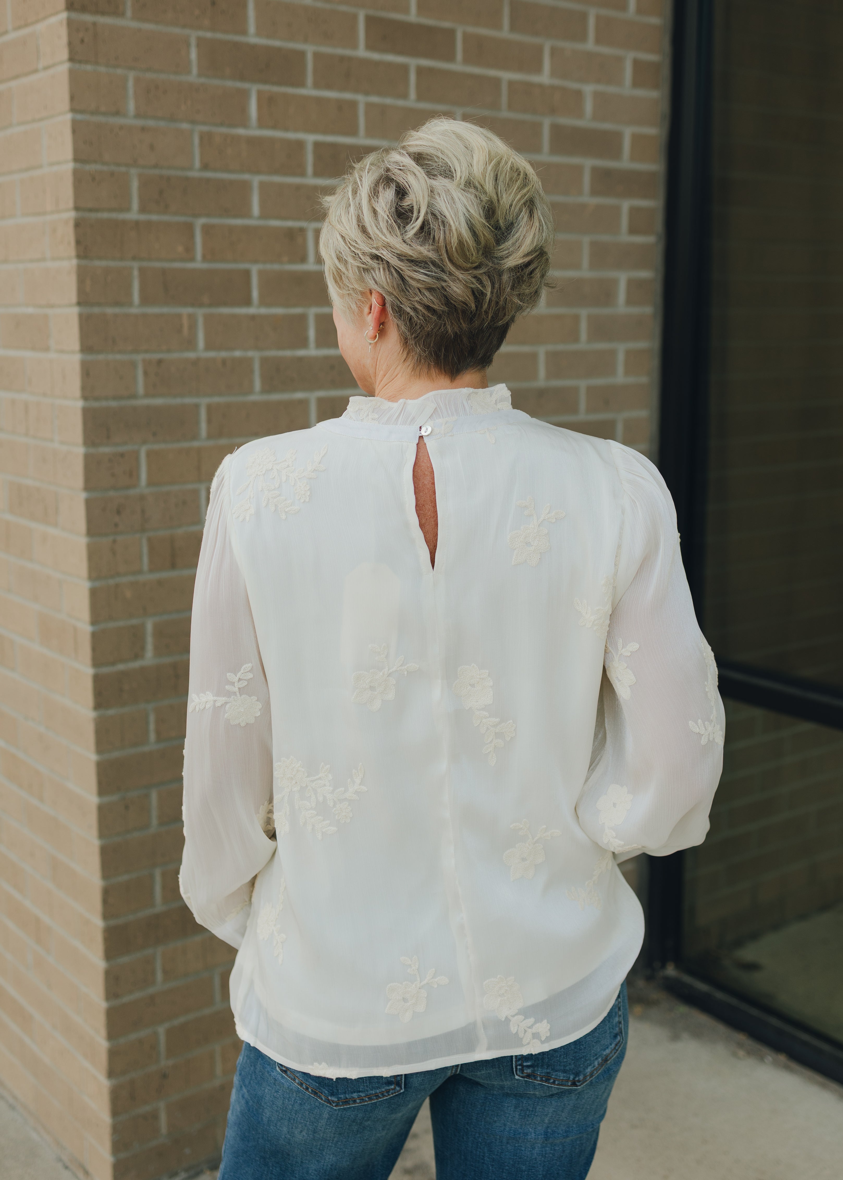 Ruffled Neck Embroidered Top