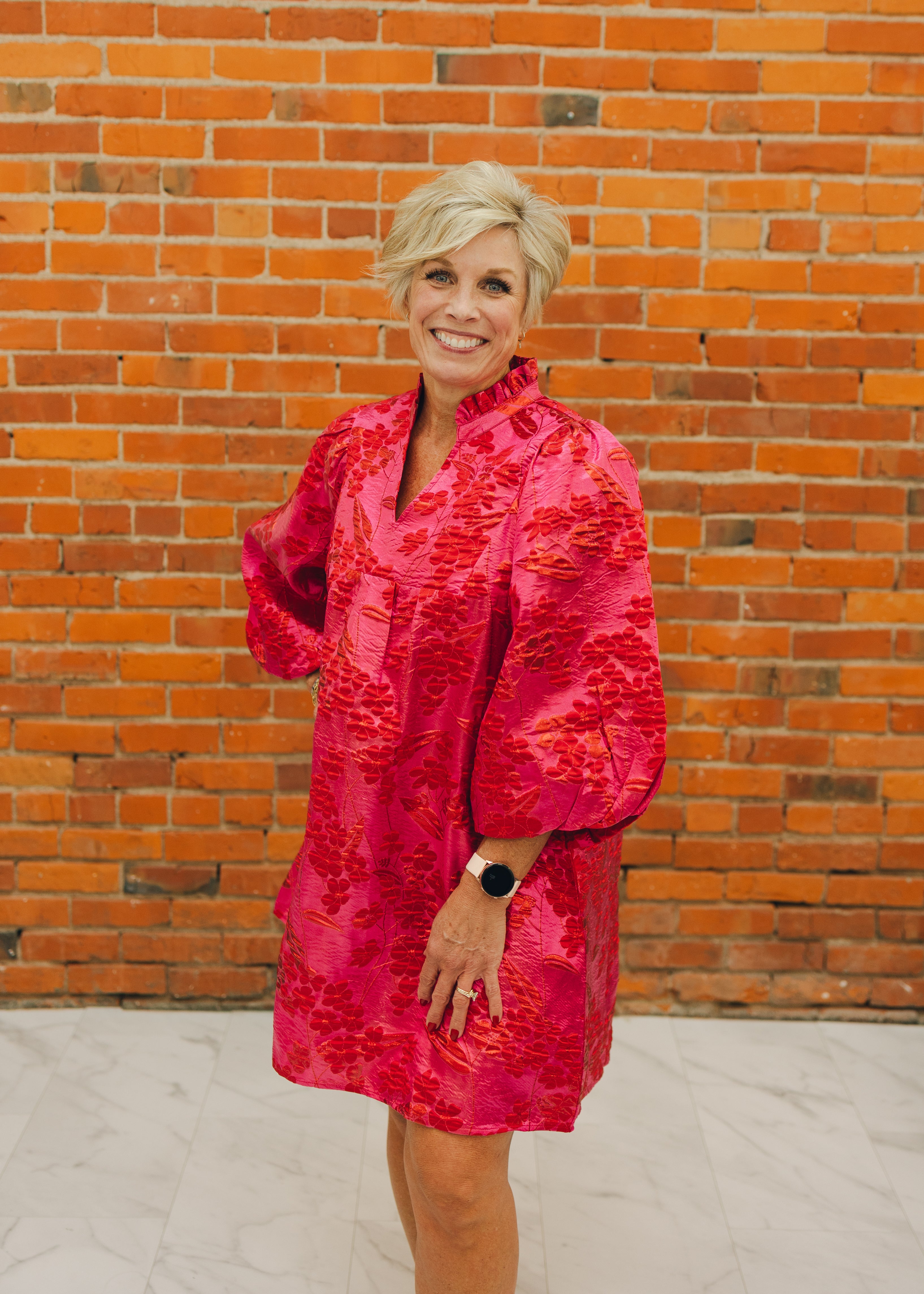 Solid Textured Balloon Sleeve Babydoll Dress - Pink