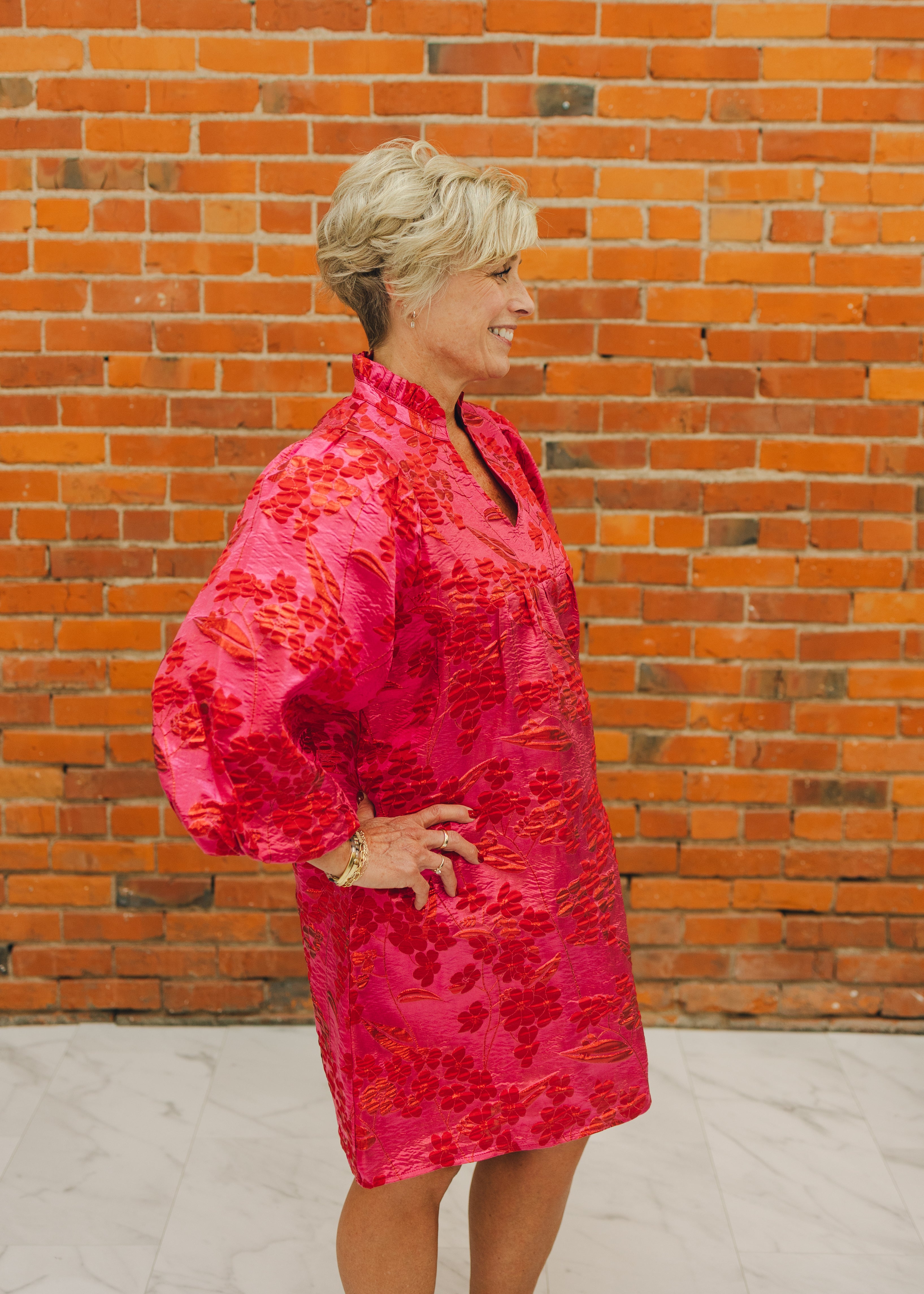 Solid Textured Balloon Sleeve Babydoll Dress - Pink