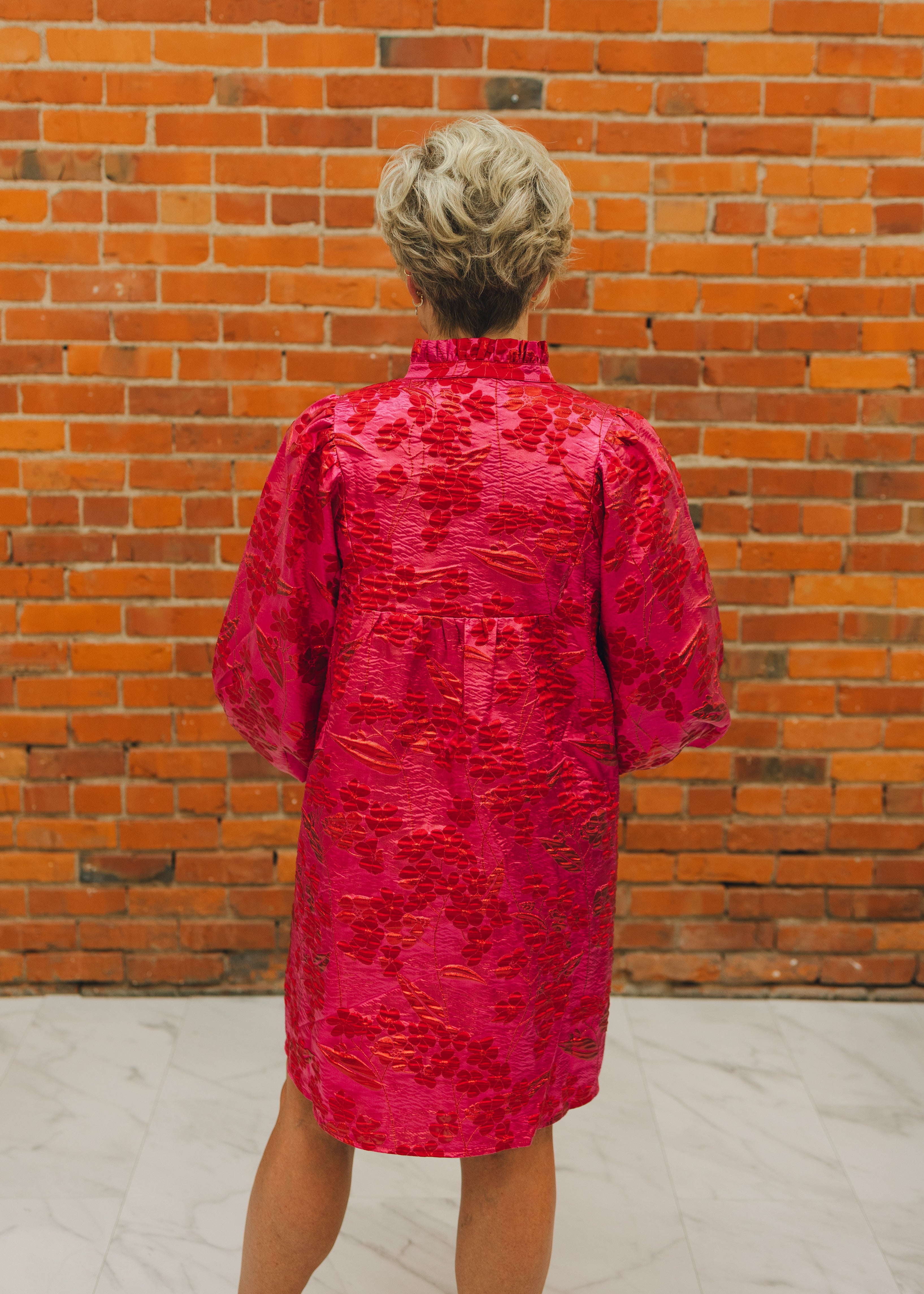 Solid Textured Balloon Sleeve Babydoll Dress - Pink