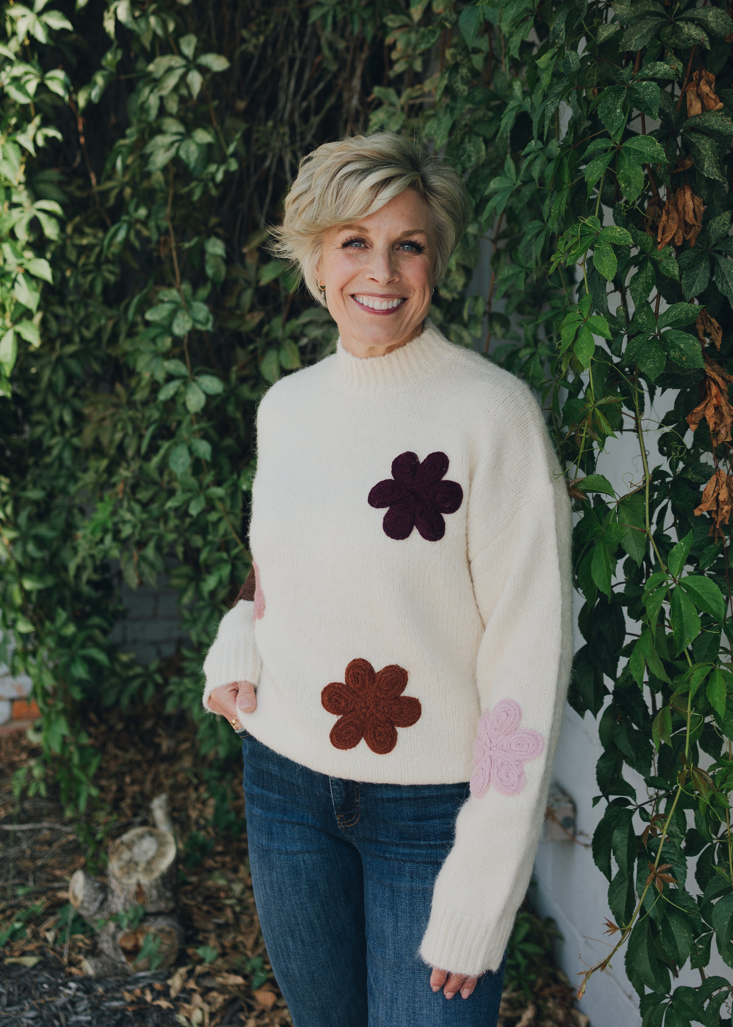 Apricot Embroidered Flower Mock Neck Sweater