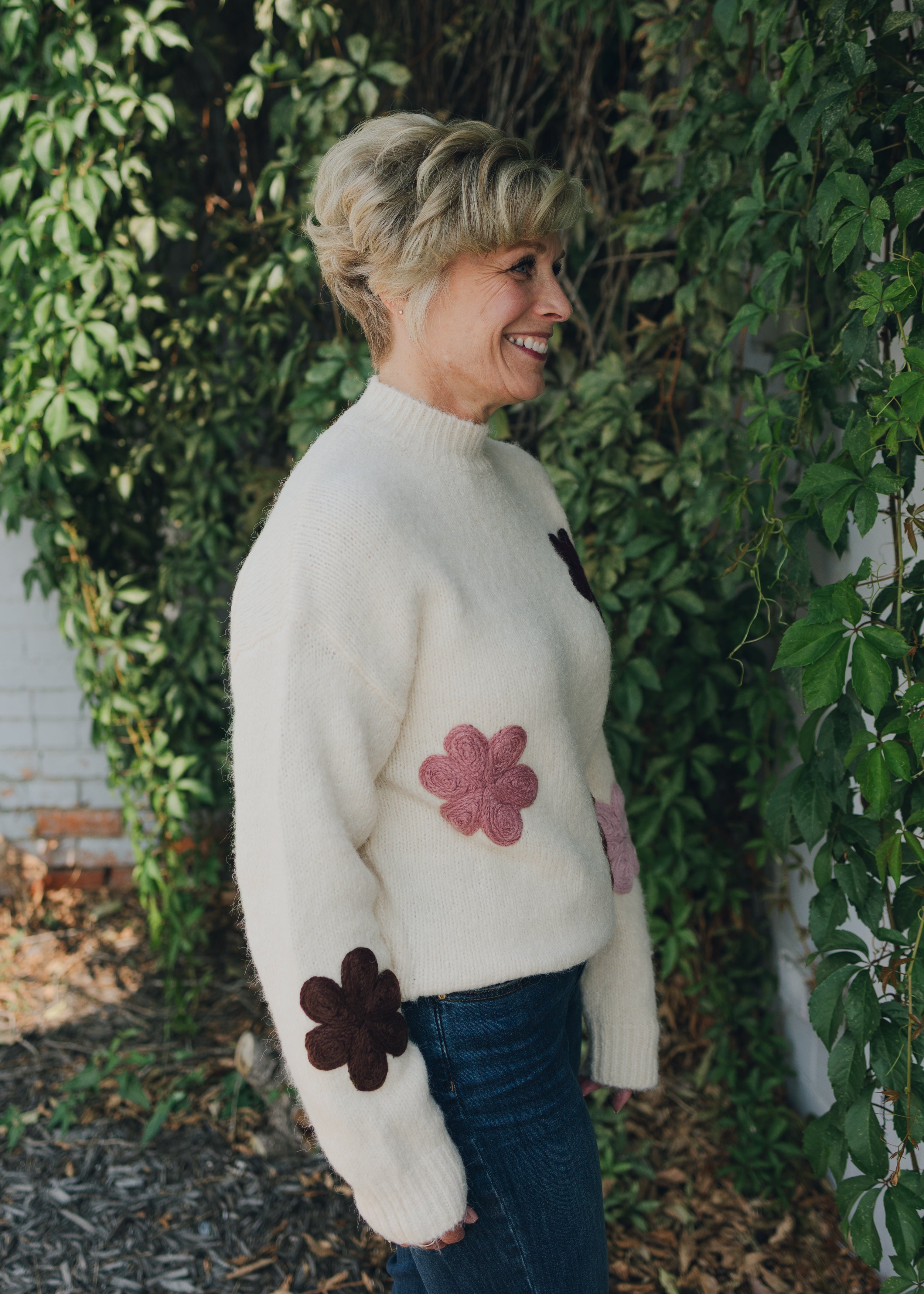 Apricot Embroidered Flower Mock Neck Sweater