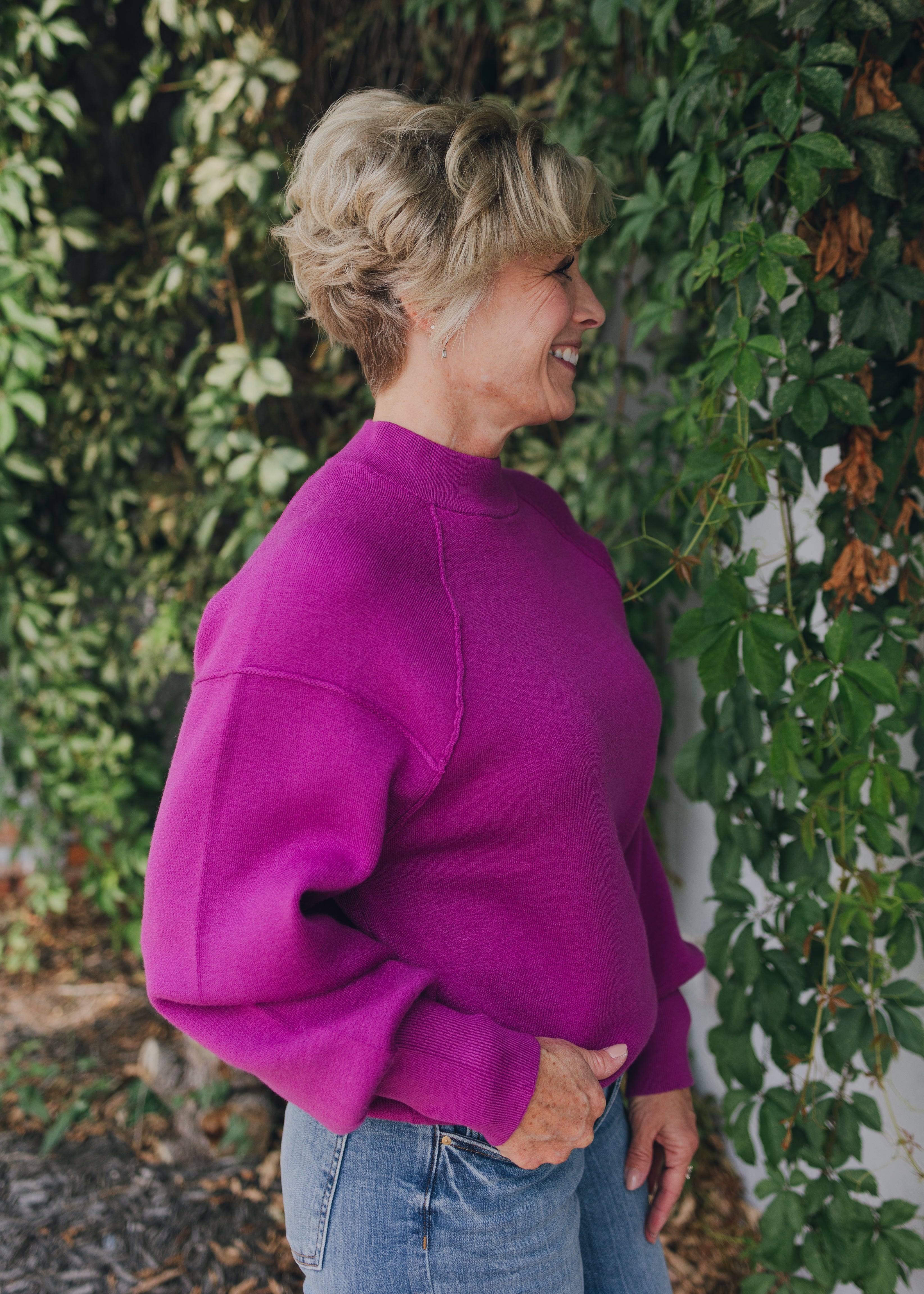Viscose Mock Neck Exposed Seam Sweater