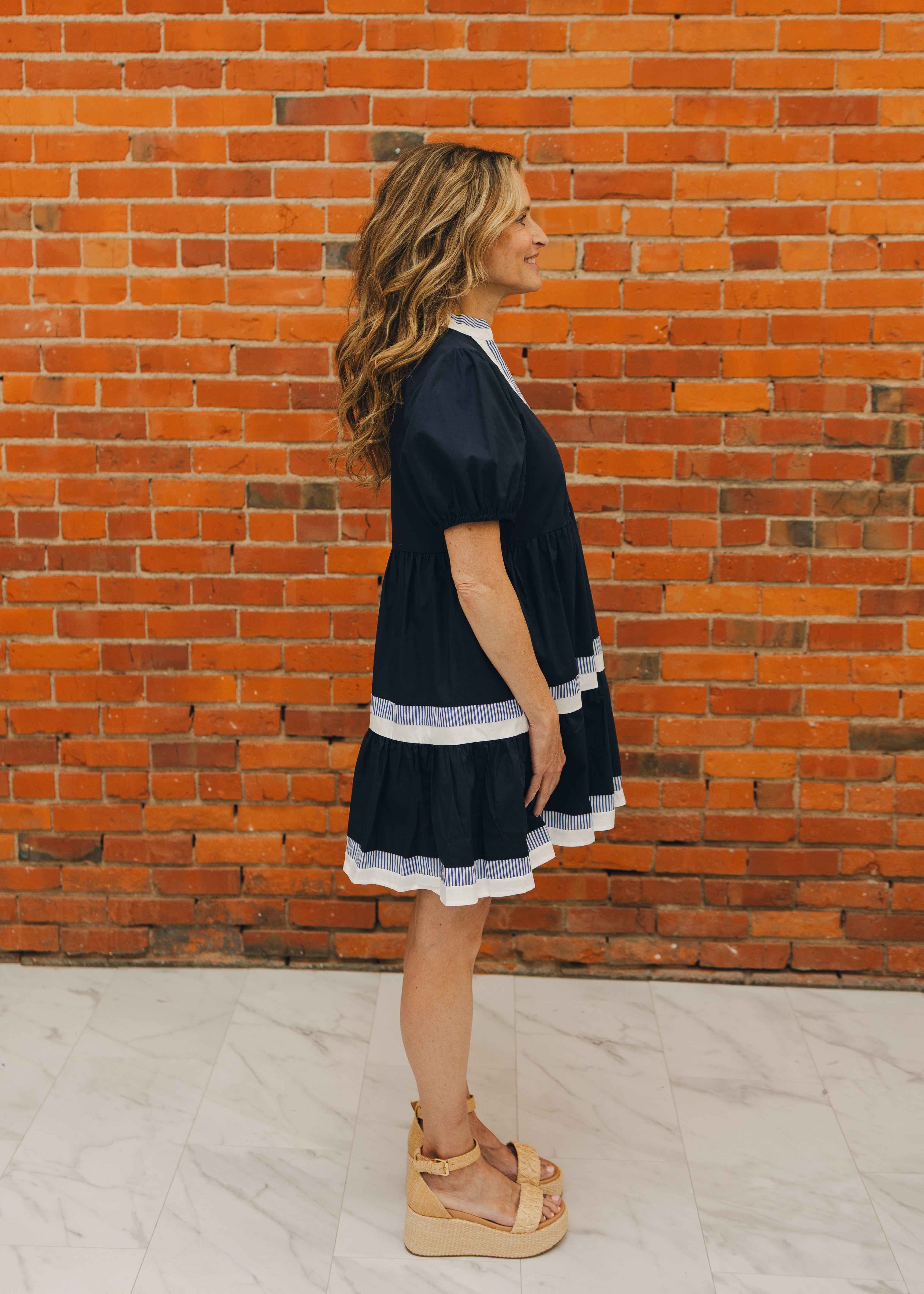 Tiered Stripe Puff Sleeve Mini Dress