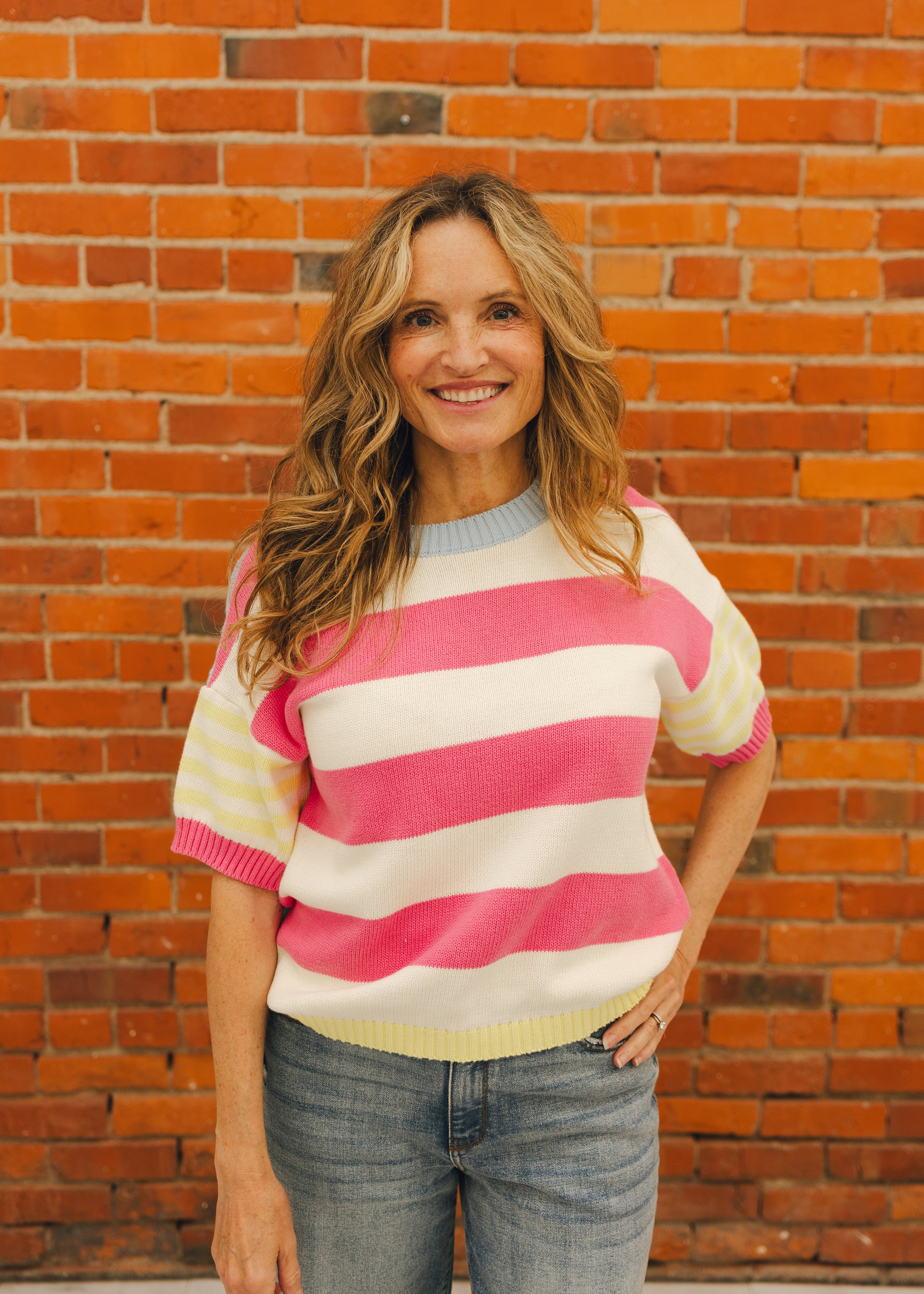 Multi Stripe Short Sleeve Sweater