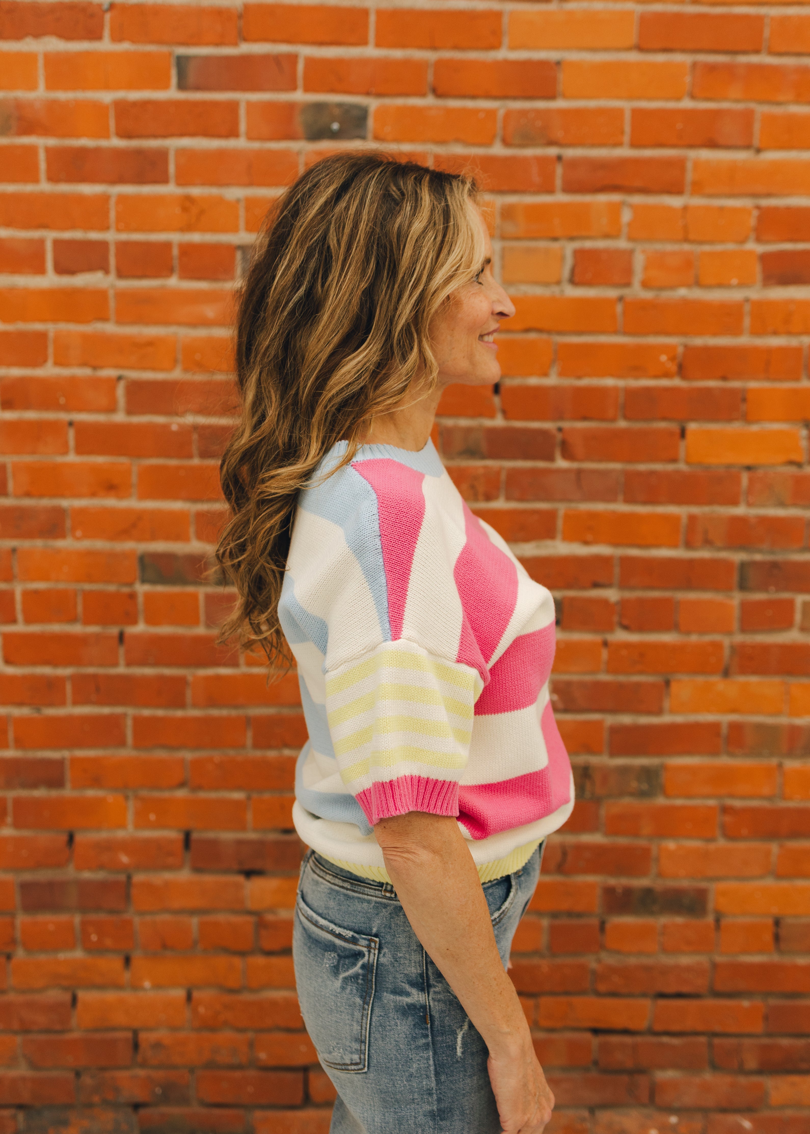 Multi Stripe Short Sleeve Sweater