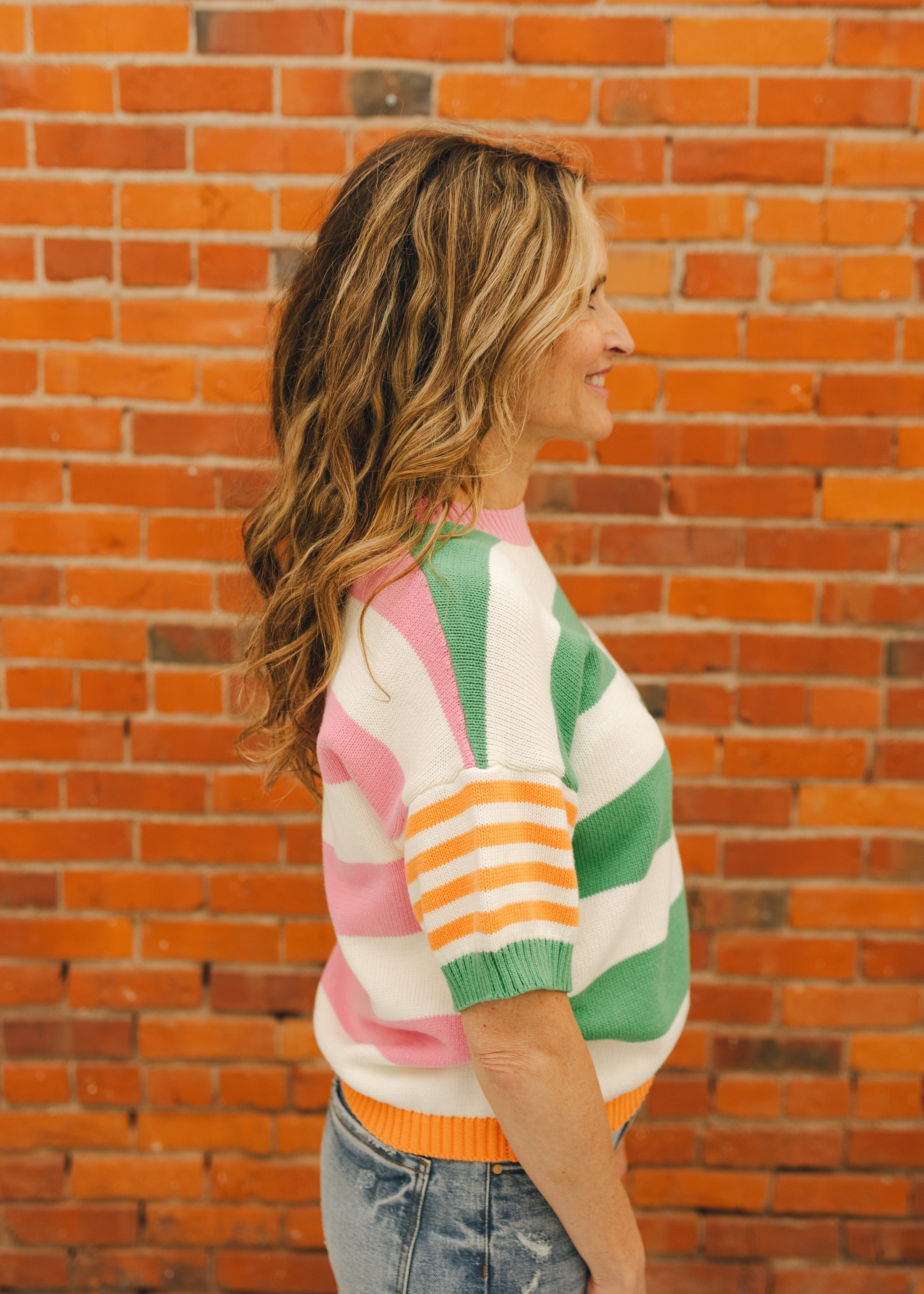 Multi Stripe Short Sleeve Sweater