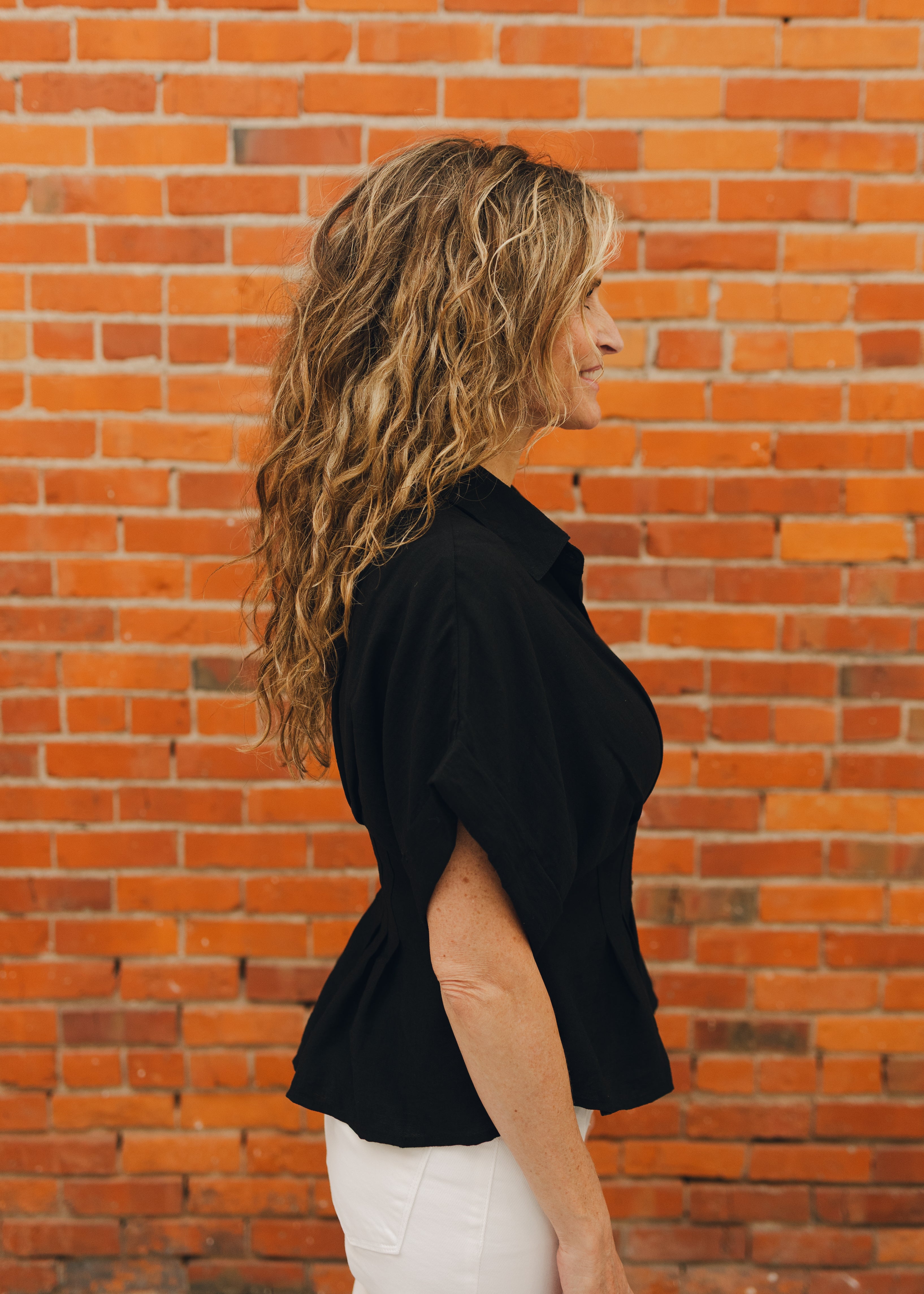 Short Sleeve Button Front Pleated Top