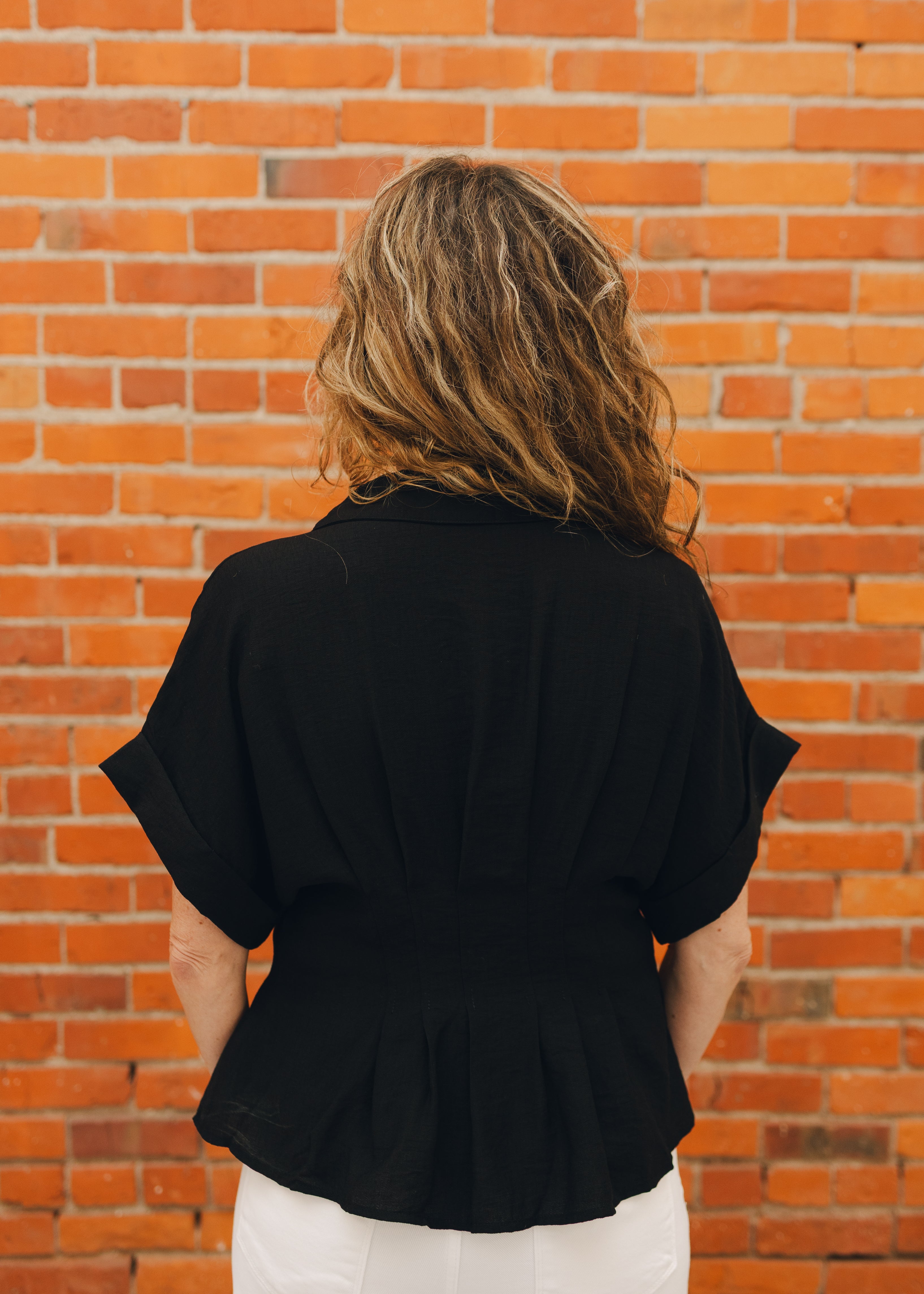 Short Sleeve Button Front Pleated Top