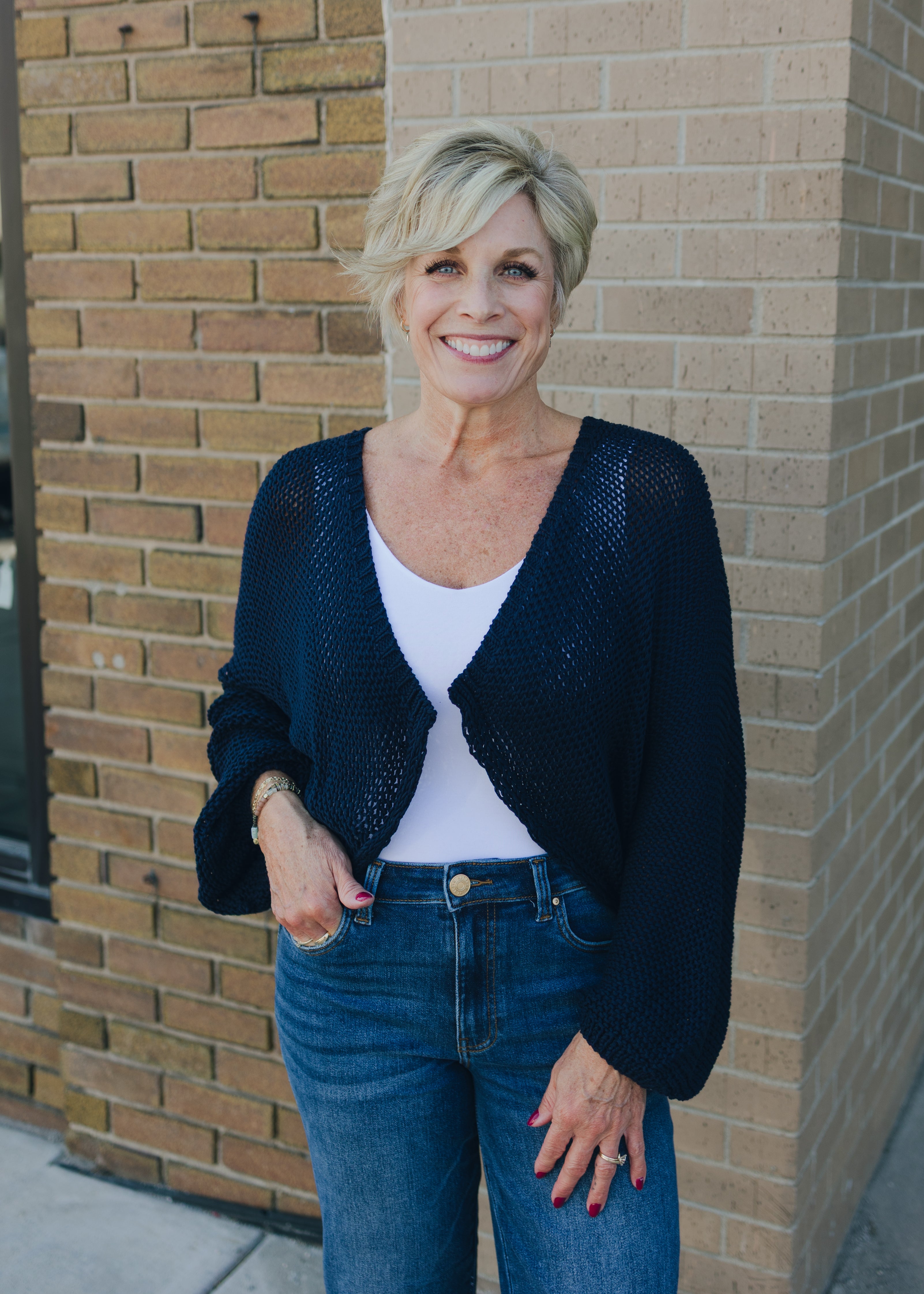 Knit Sweater Open Cardigan - Navy