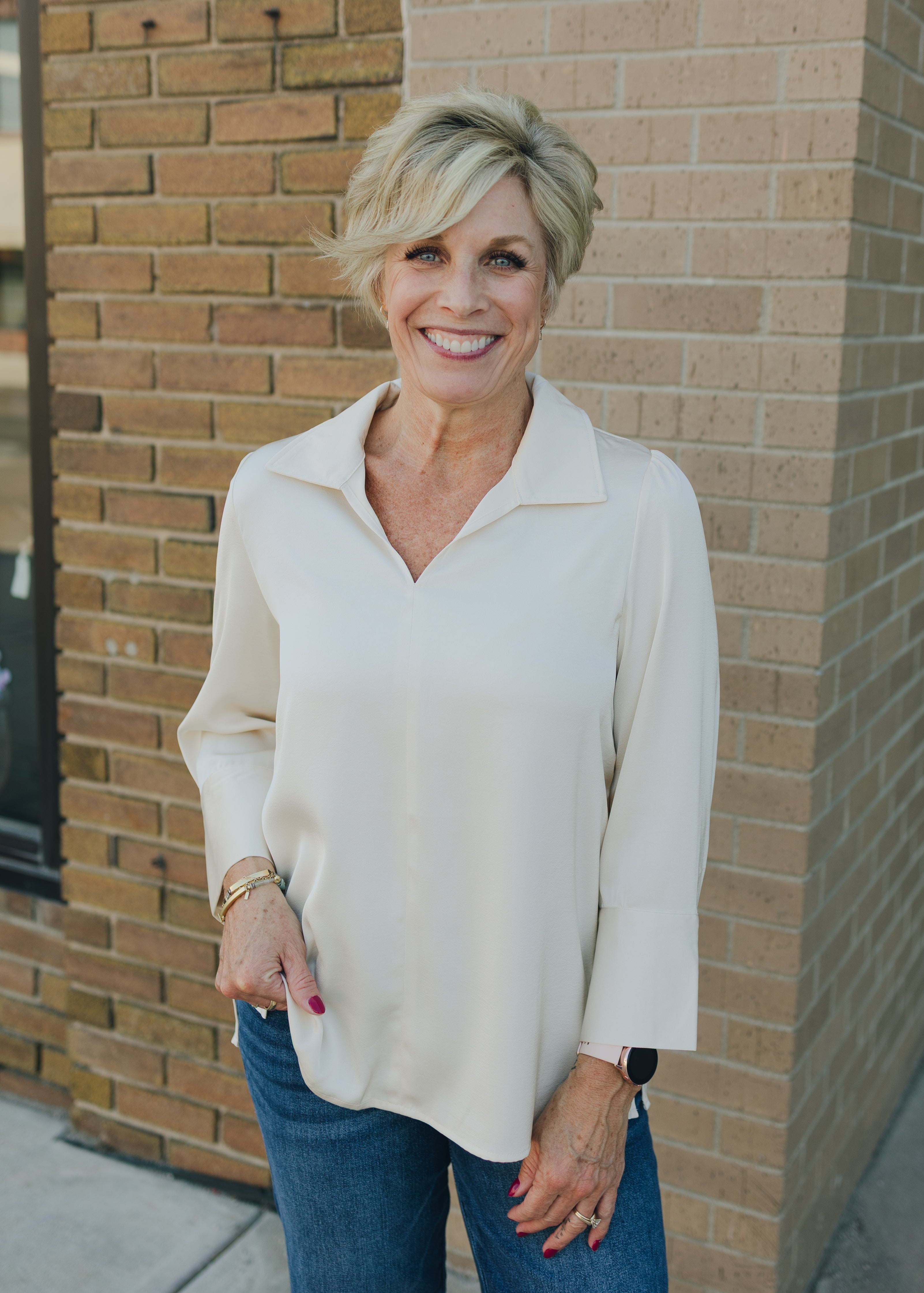 Pearl Cuff Button Accent Satin Top - Ivory