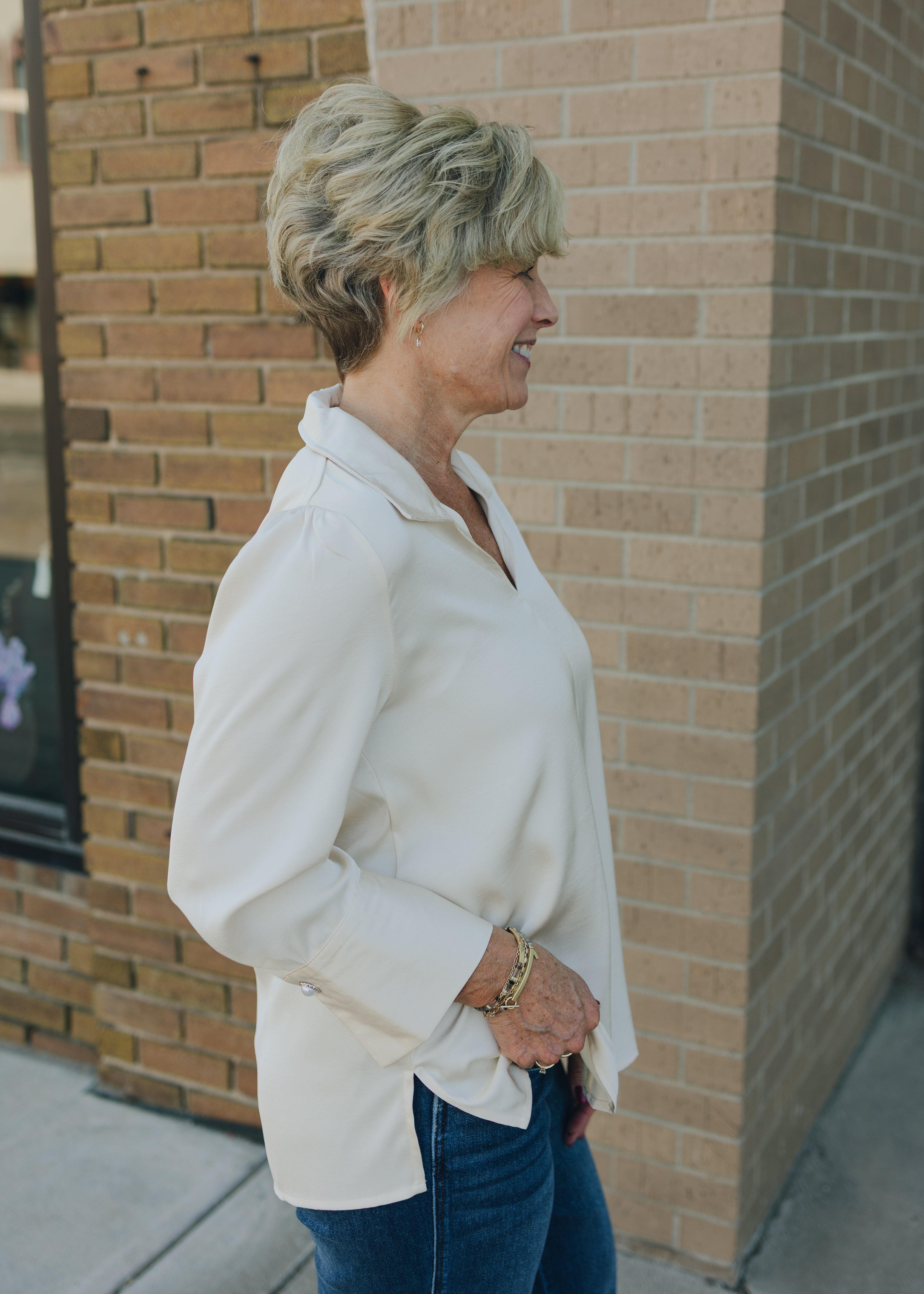 Pearl Cuff Button Accent Satin Top - Ivory