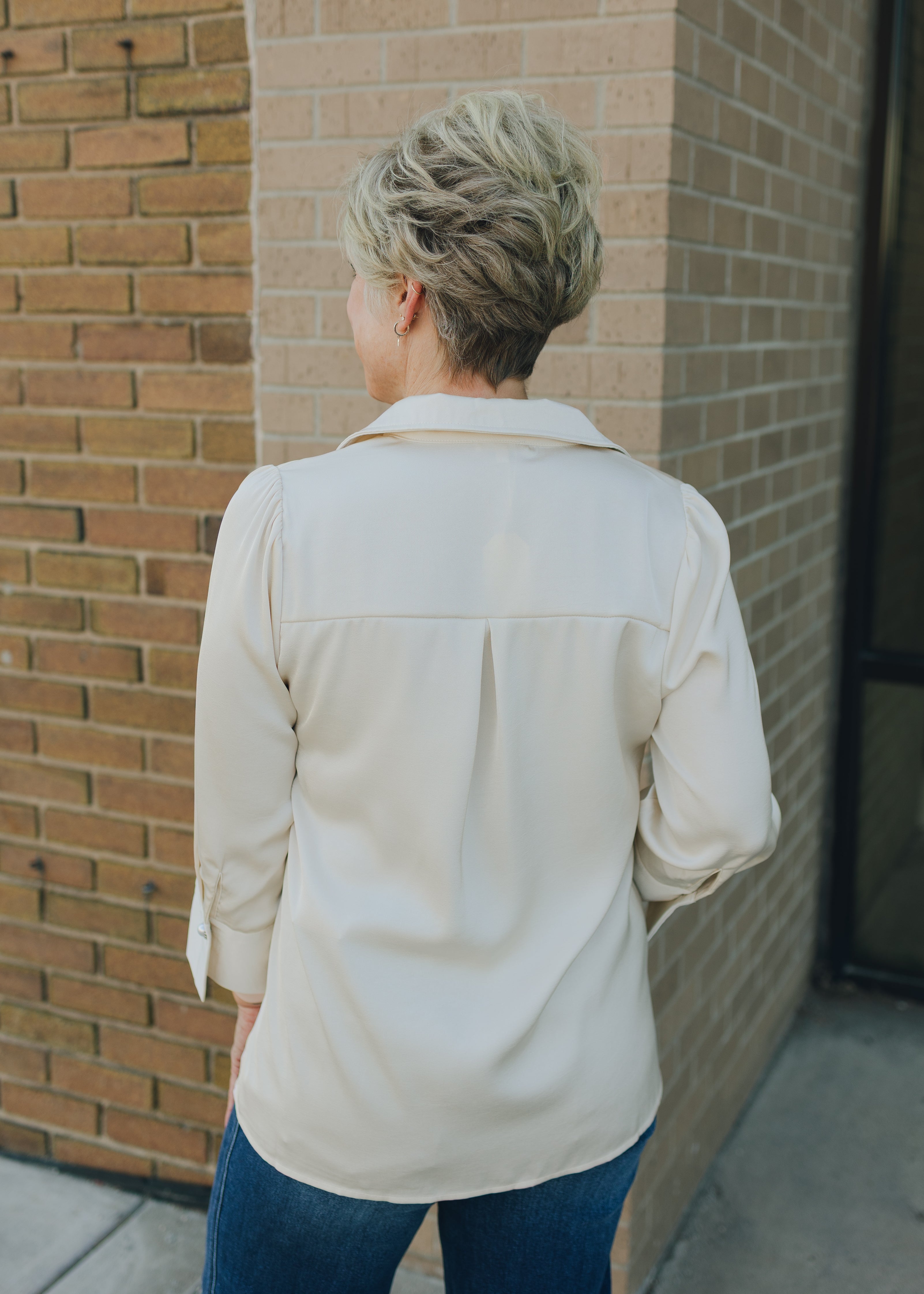 Pearl Cuff Button Accent Satin Top - Ivory