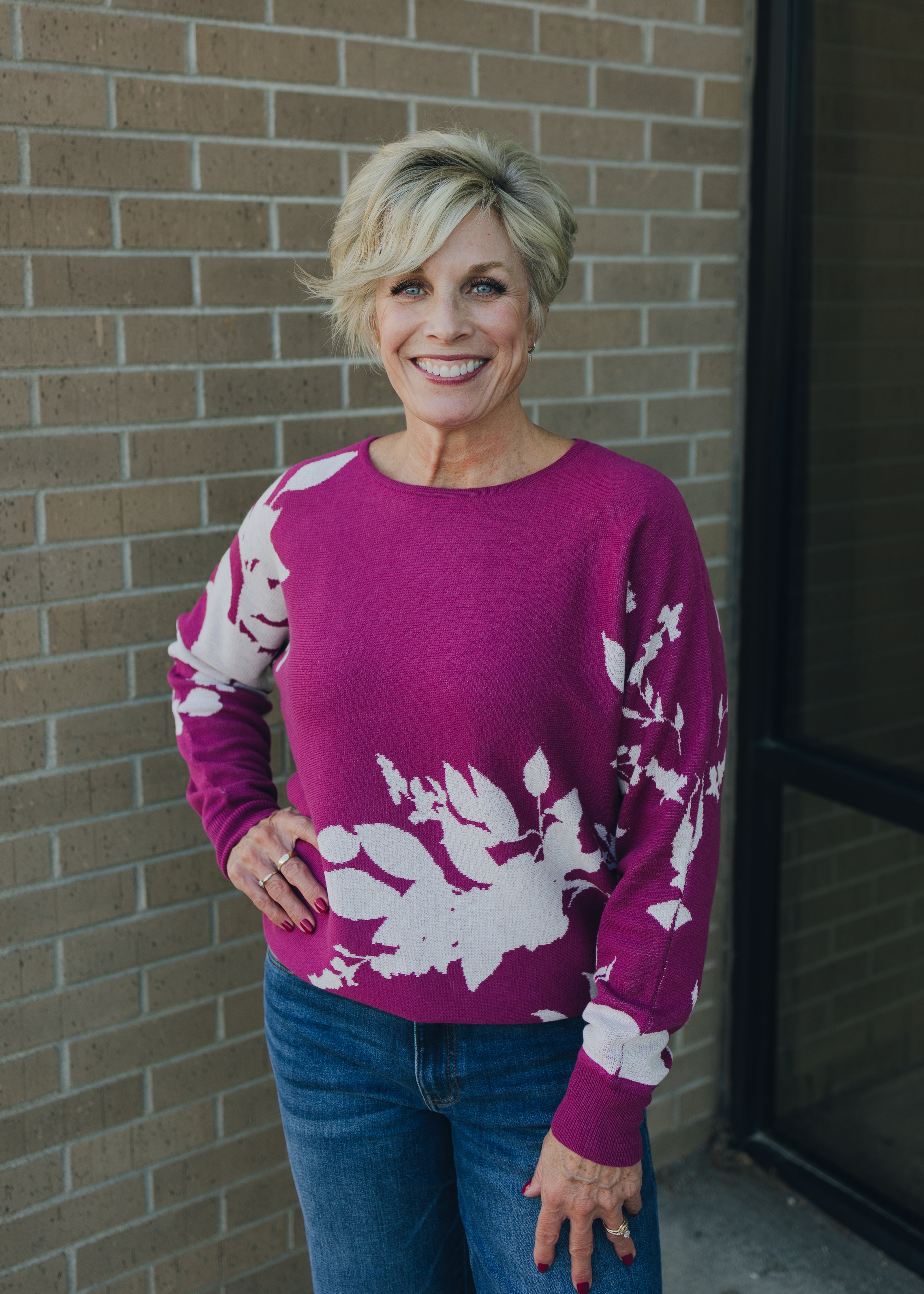 Wide Neck Dolman Sleeve Floral Sweater