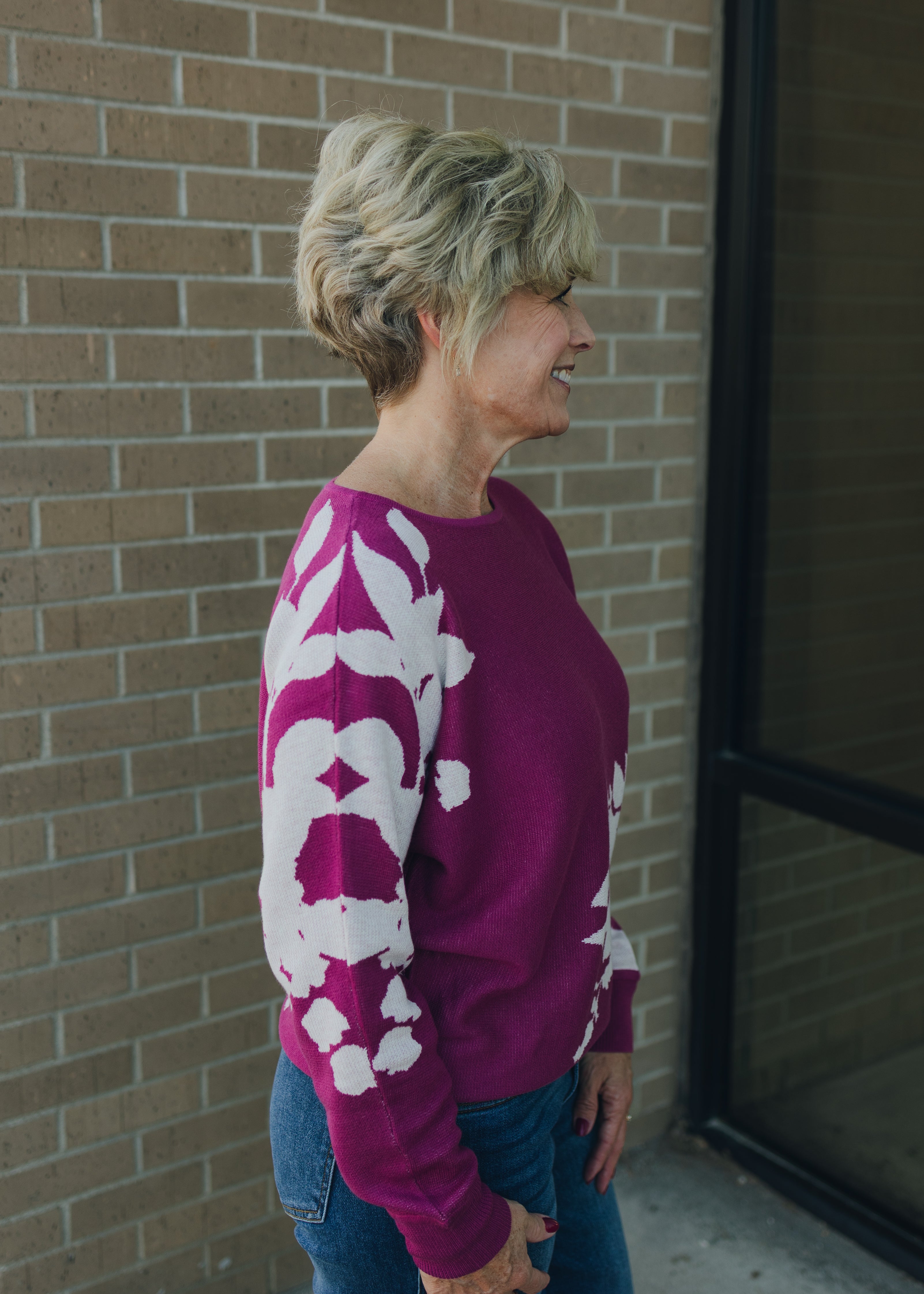 Wide Neck Dolman Sleeve Floral Sweater