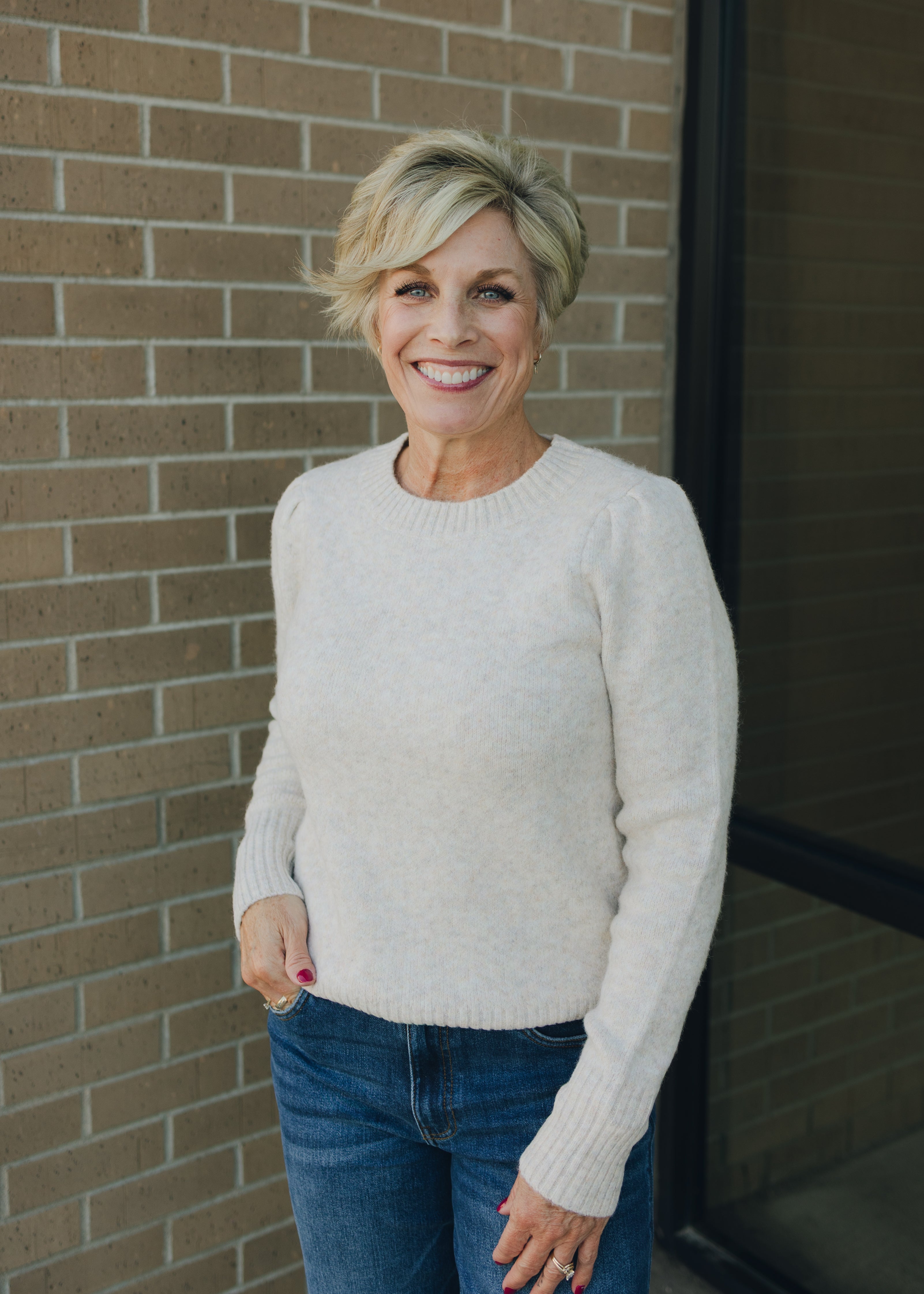 Crew Neck Long Puff Sleeve Sweater - Oatmeal