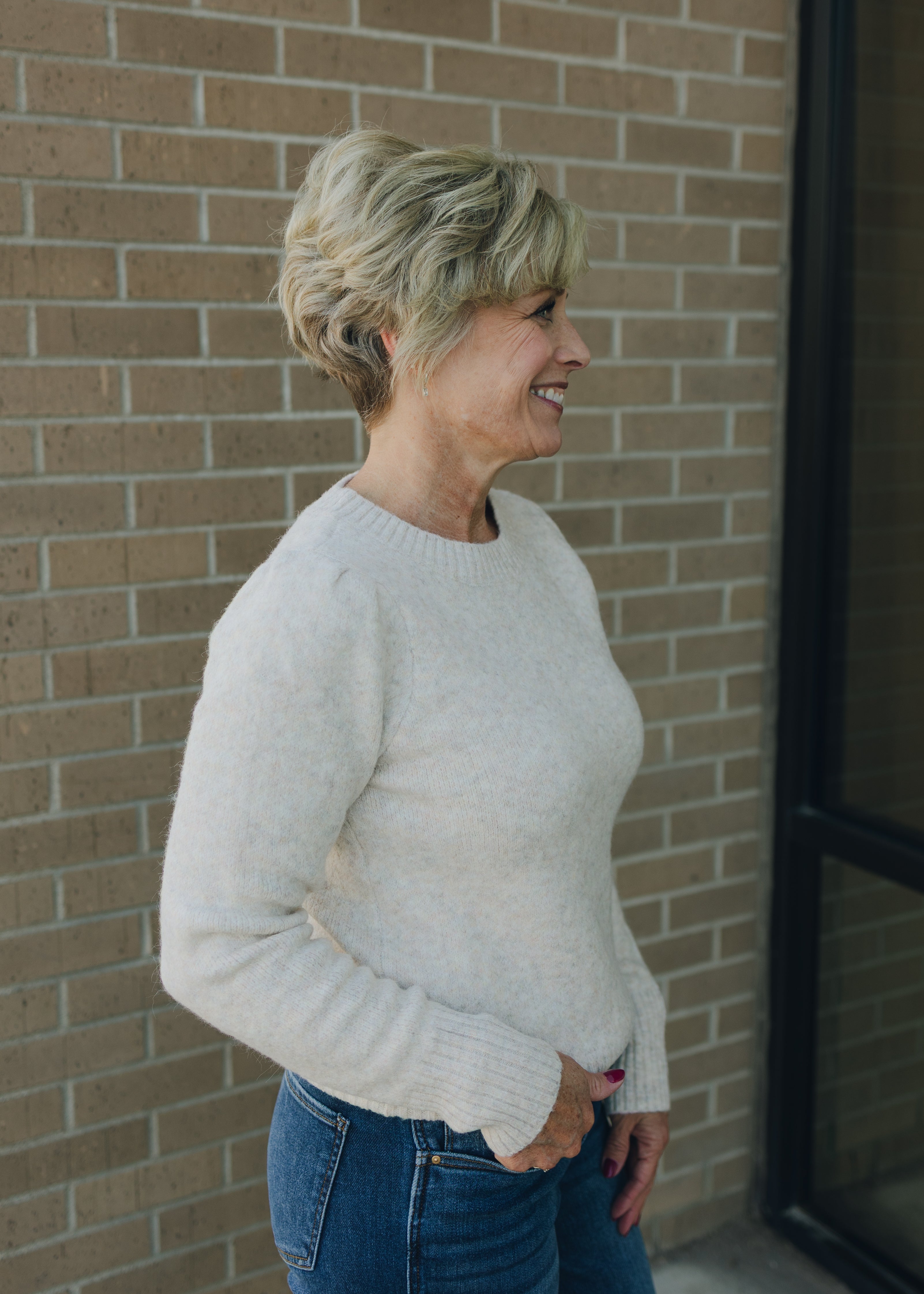 Crew Neck Long Puff Sleeve Sweater - Oatmeal