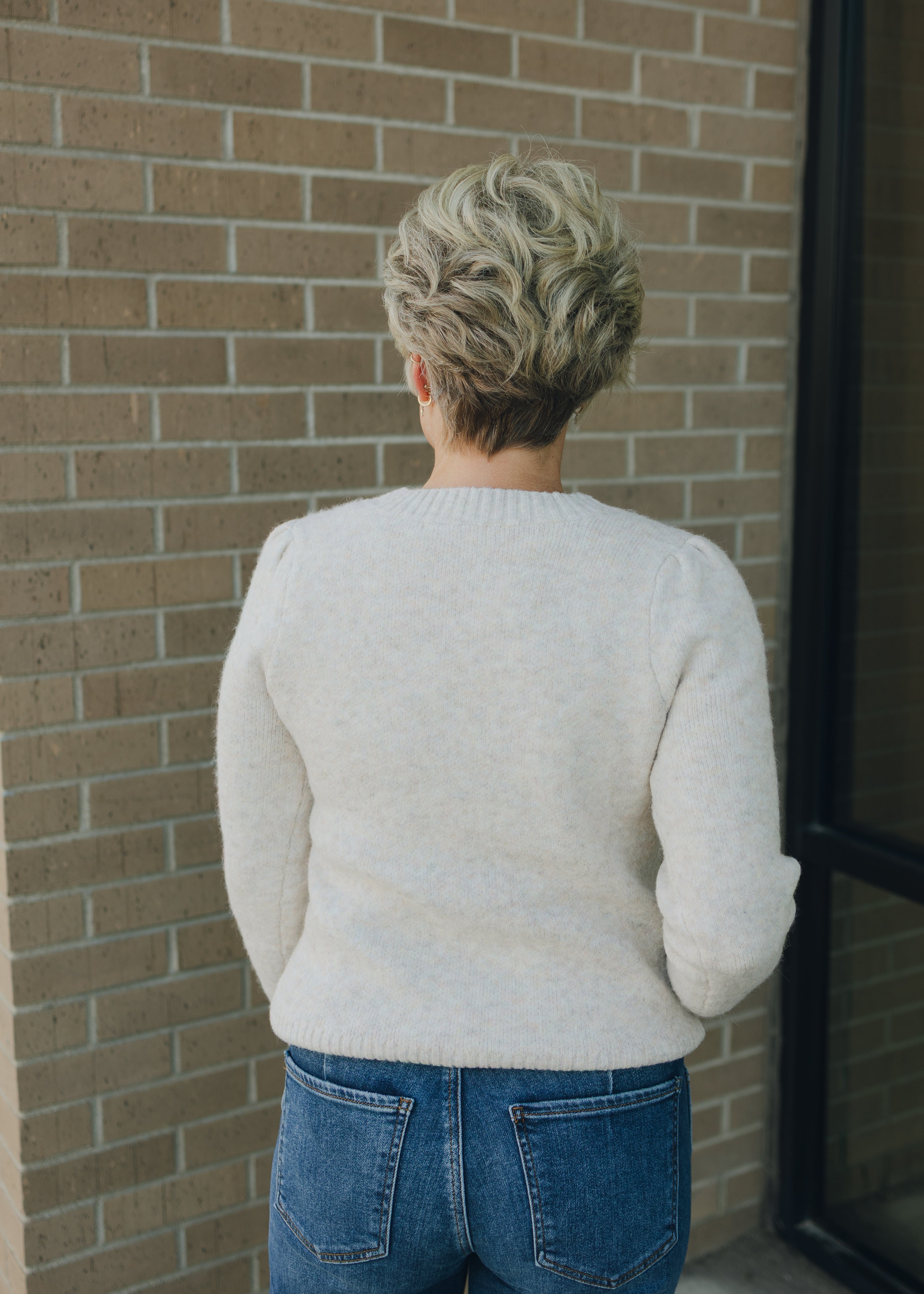 Crew Neck Long Puff Sleeve Sweater - Oatmeal