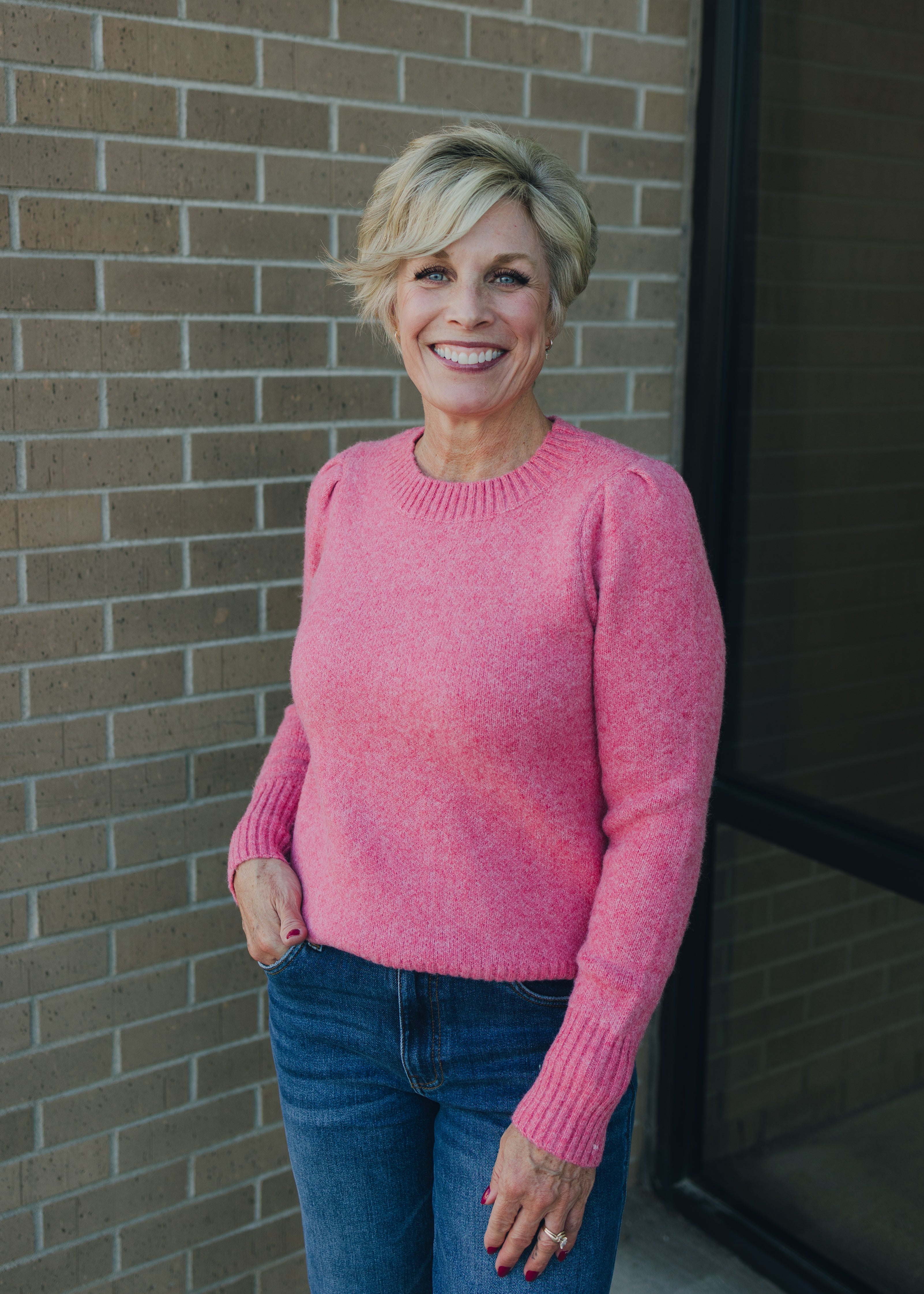 Crew Neck Puff Sleeve Sweater - Pink