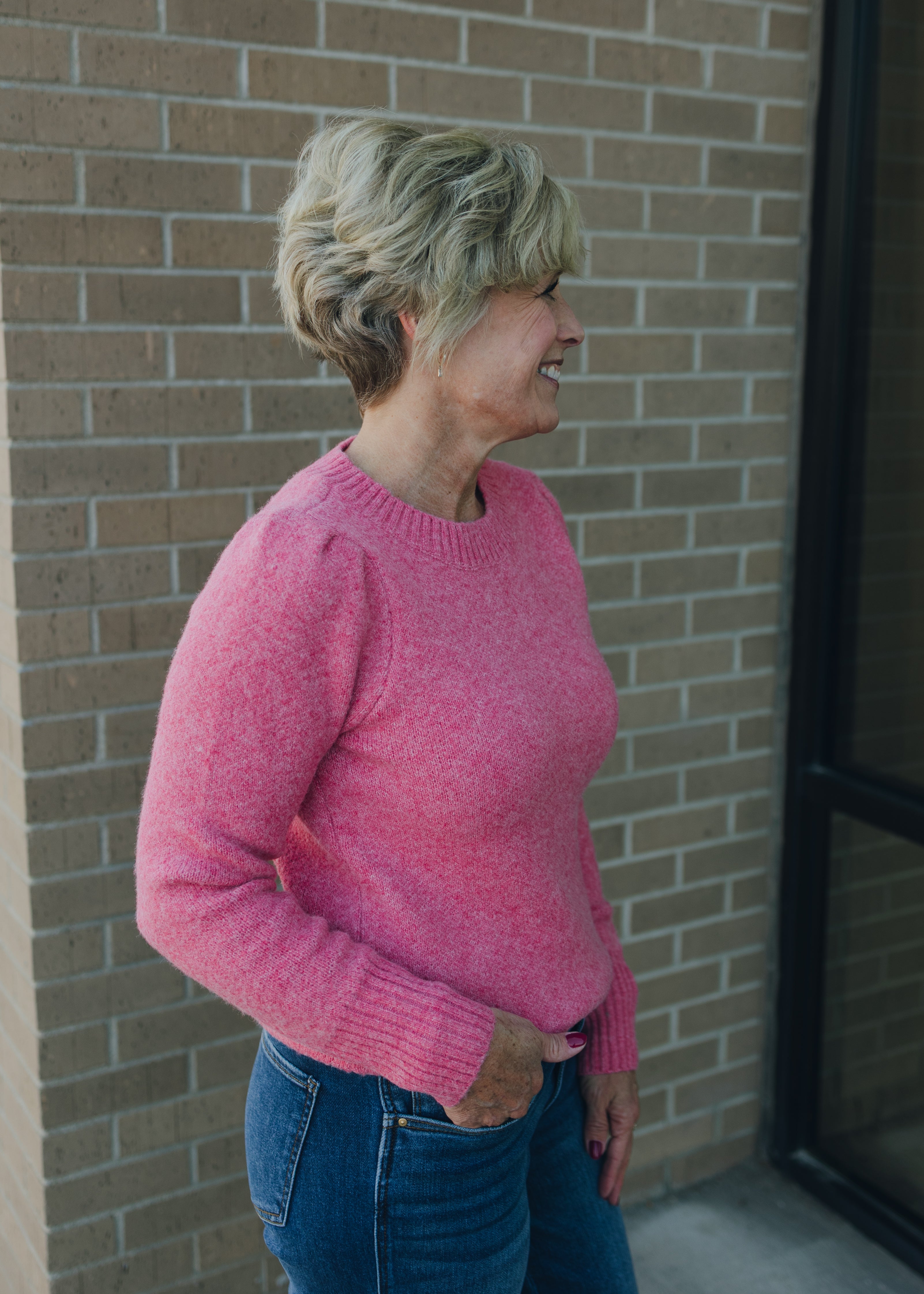 Crew Neck Puff Sleeve Sweater - Pink