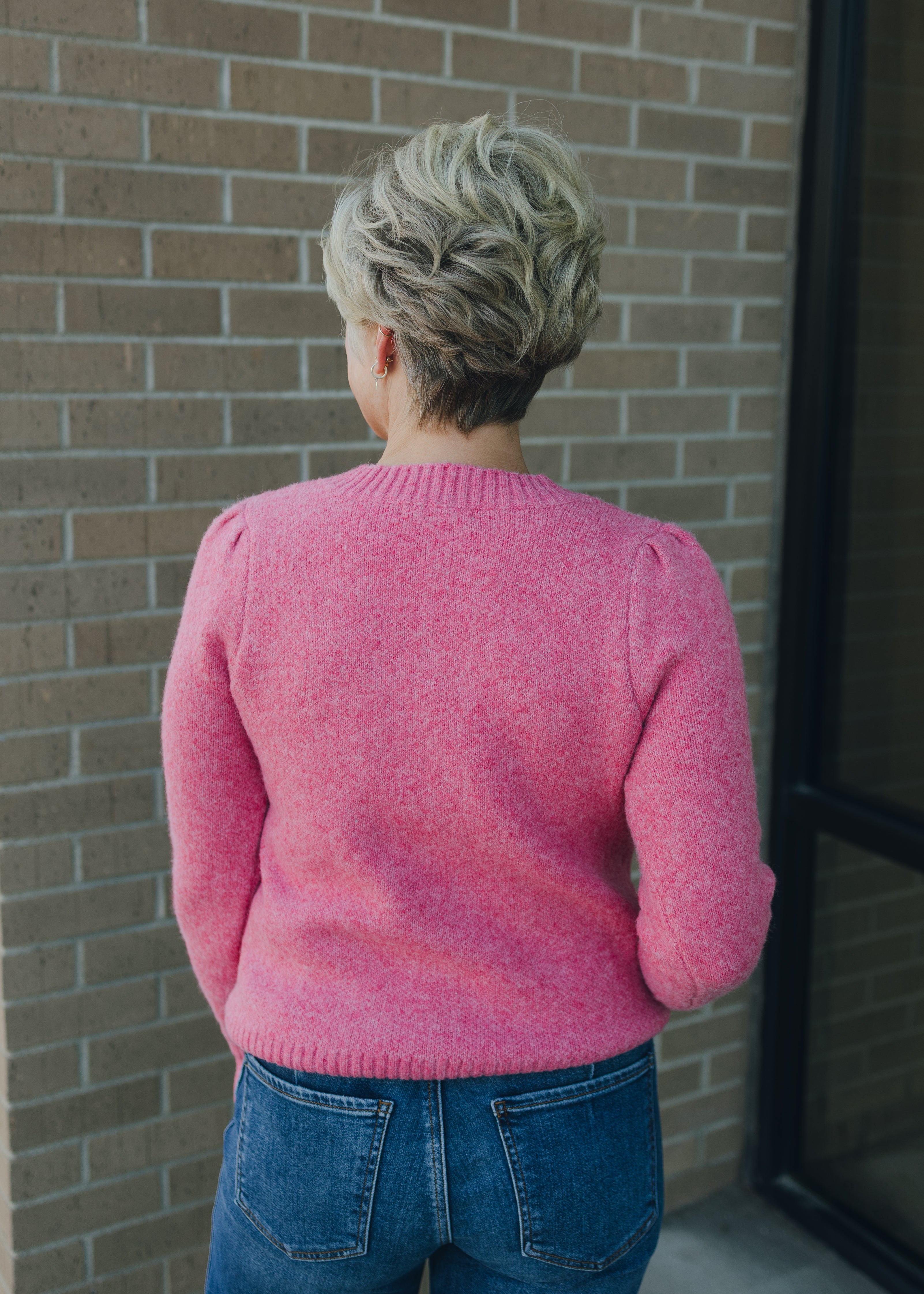 Crew Neck Puff Sleeve Sweater - Pink