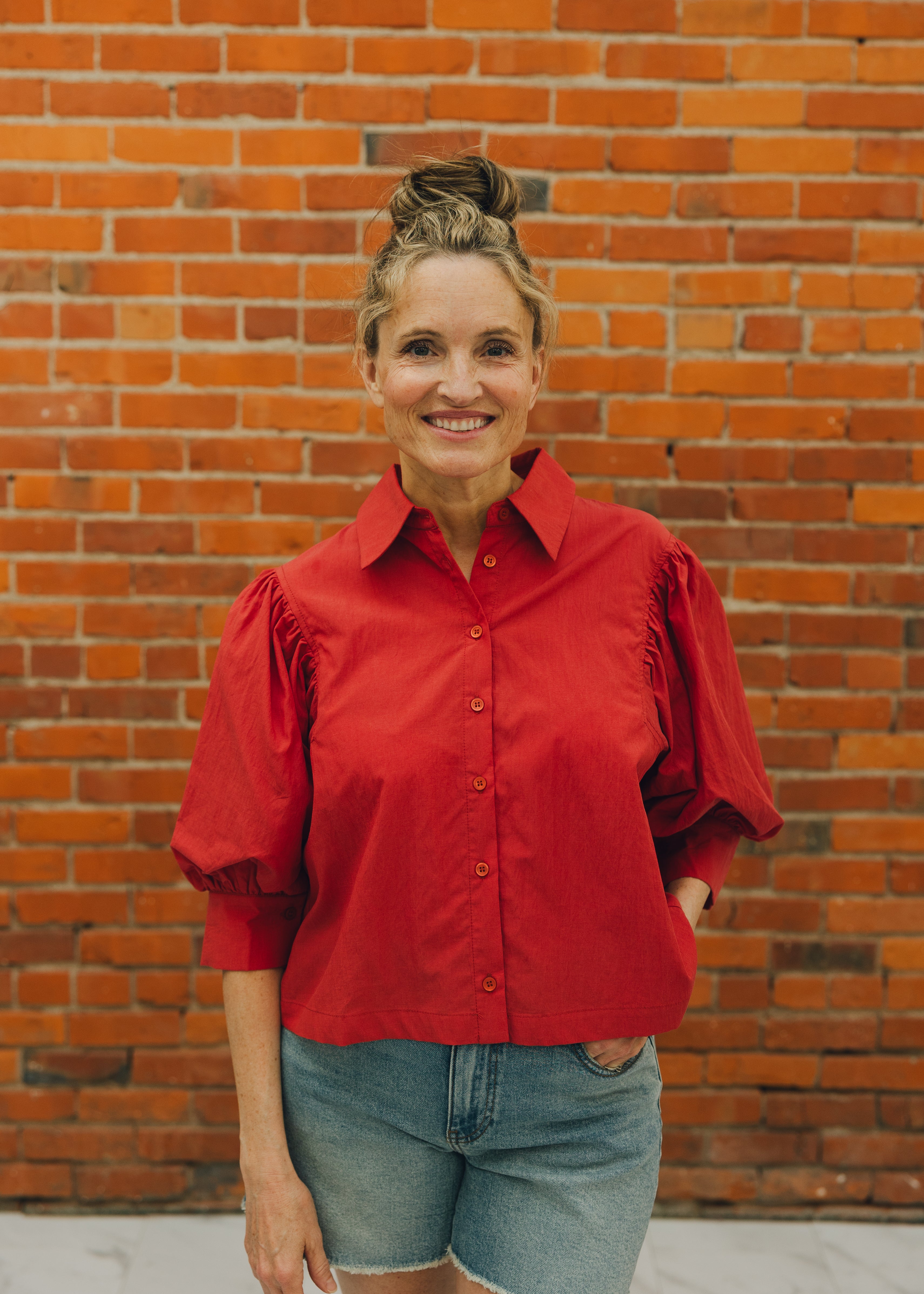 Solid Puff Sleeve Button Down Shirt