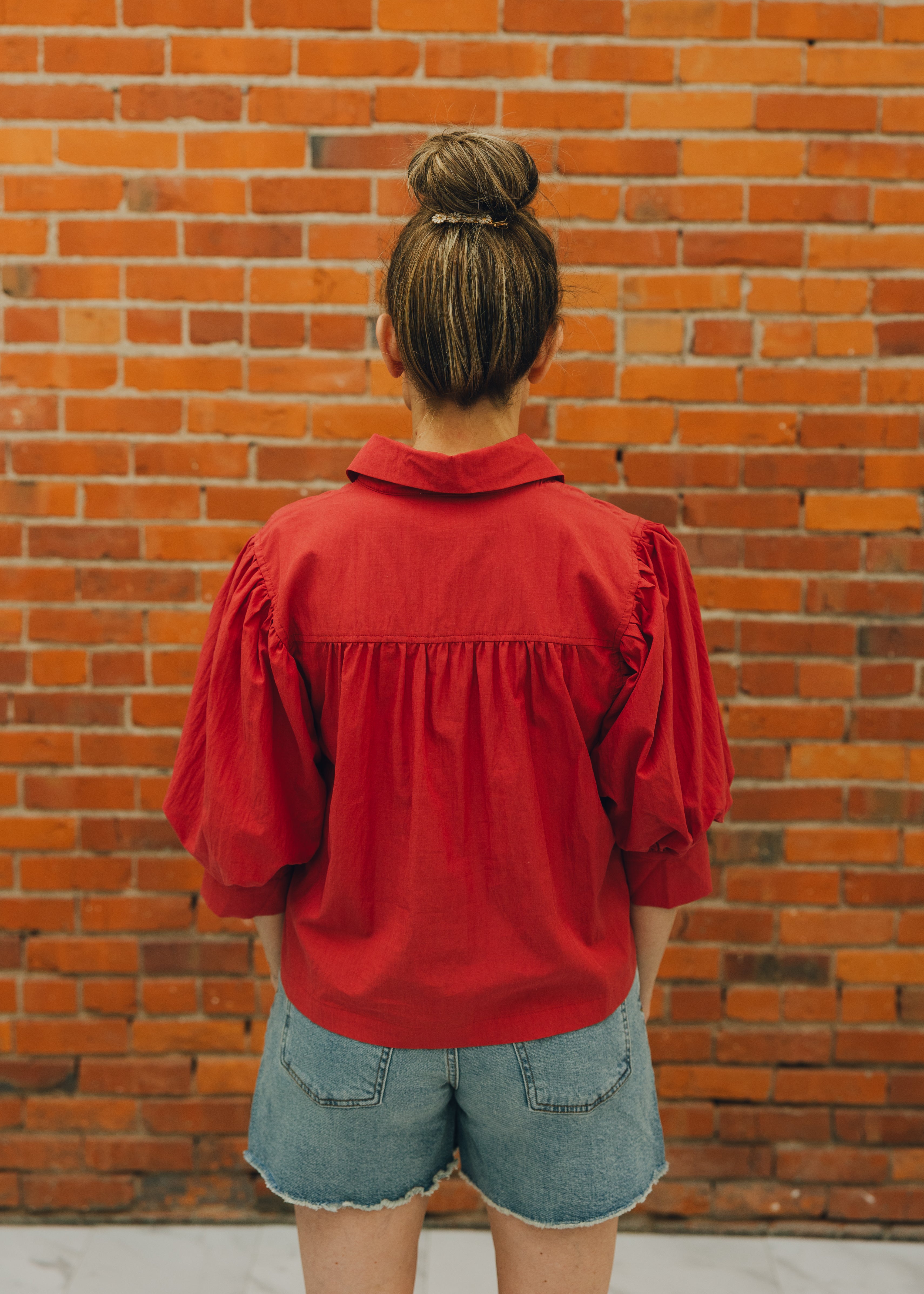 Solid Puff Sleeve Button Down Shirt
