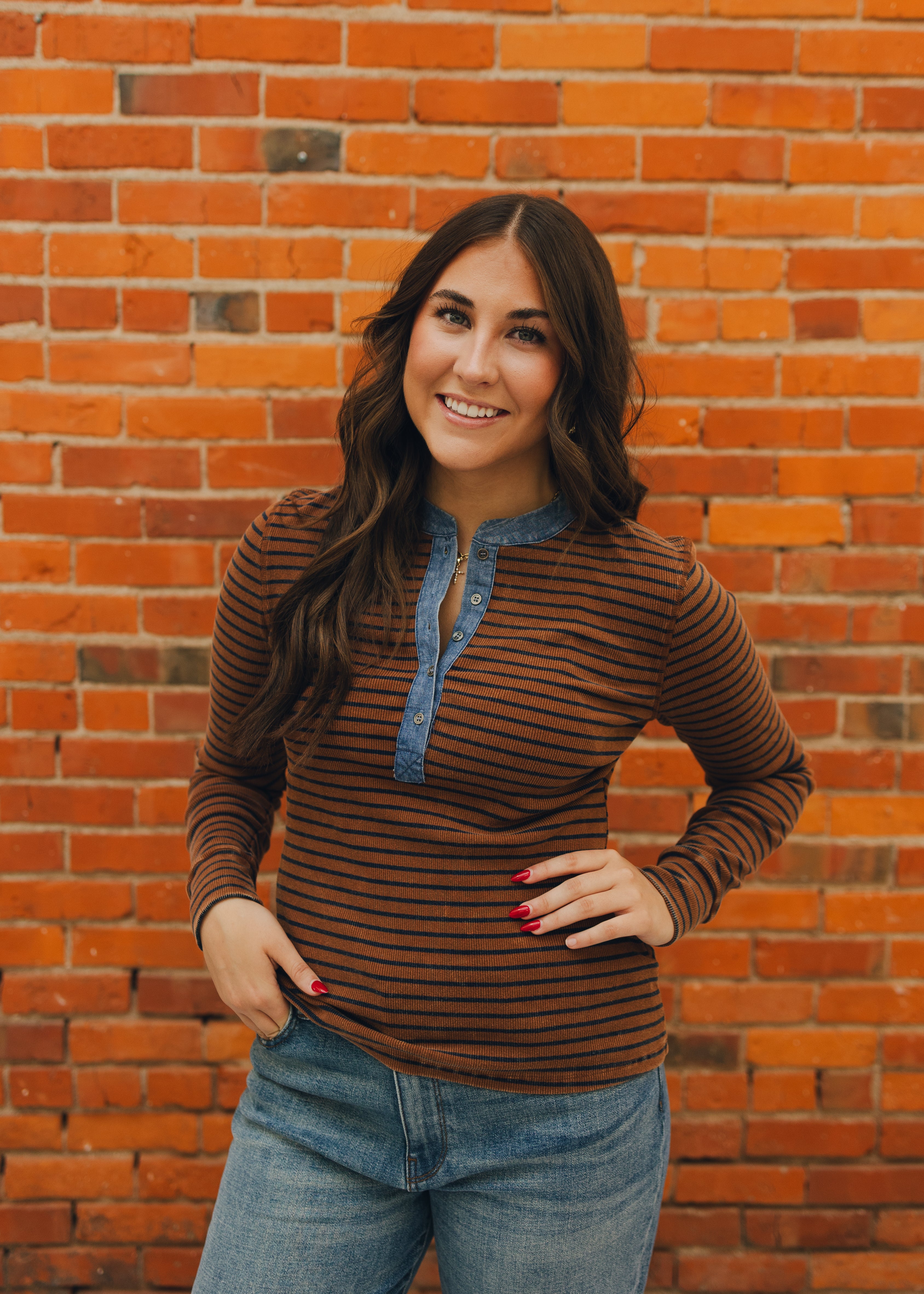 Striped Denim Trim Button Top