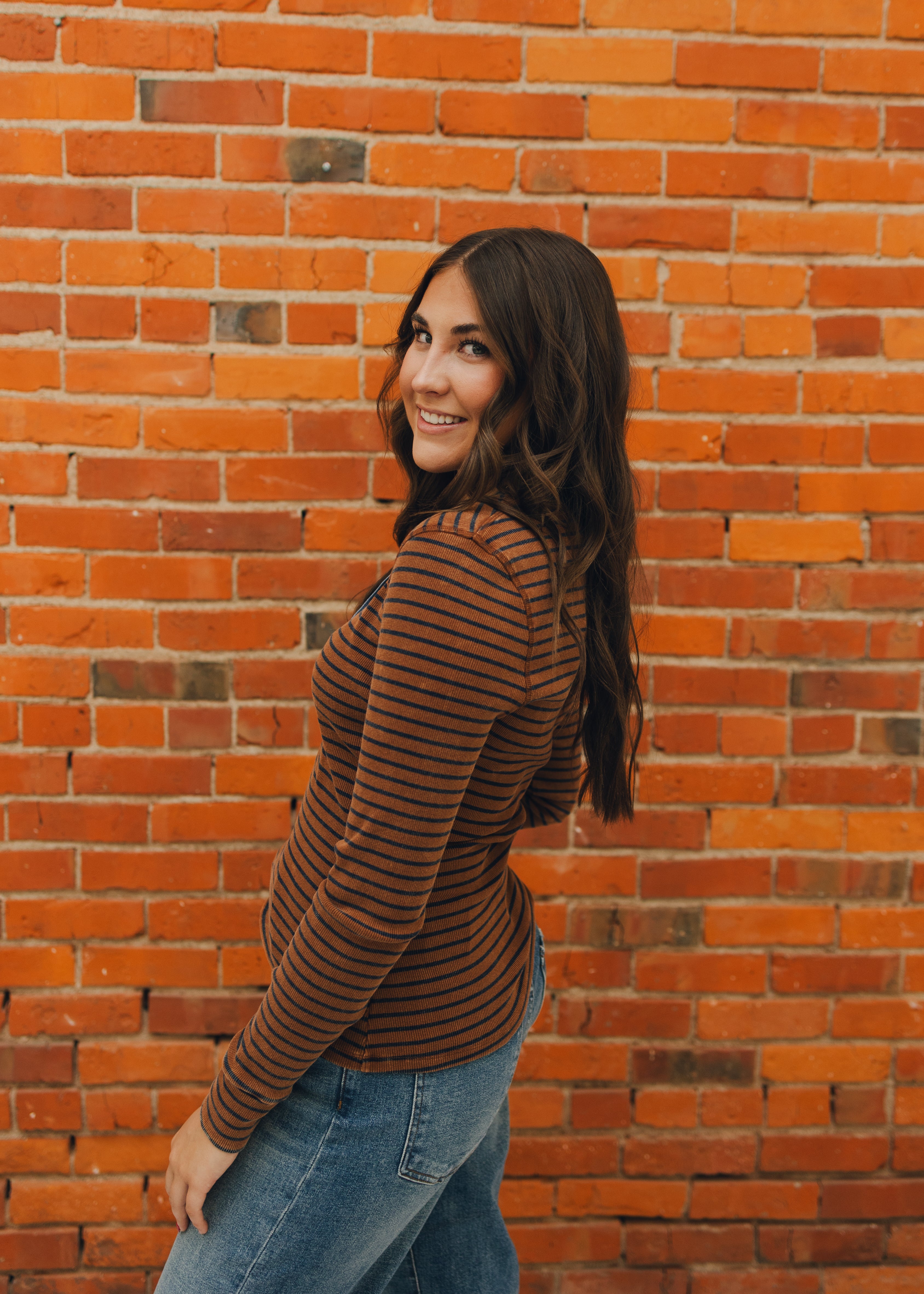 Striped Denim Trim Button Top