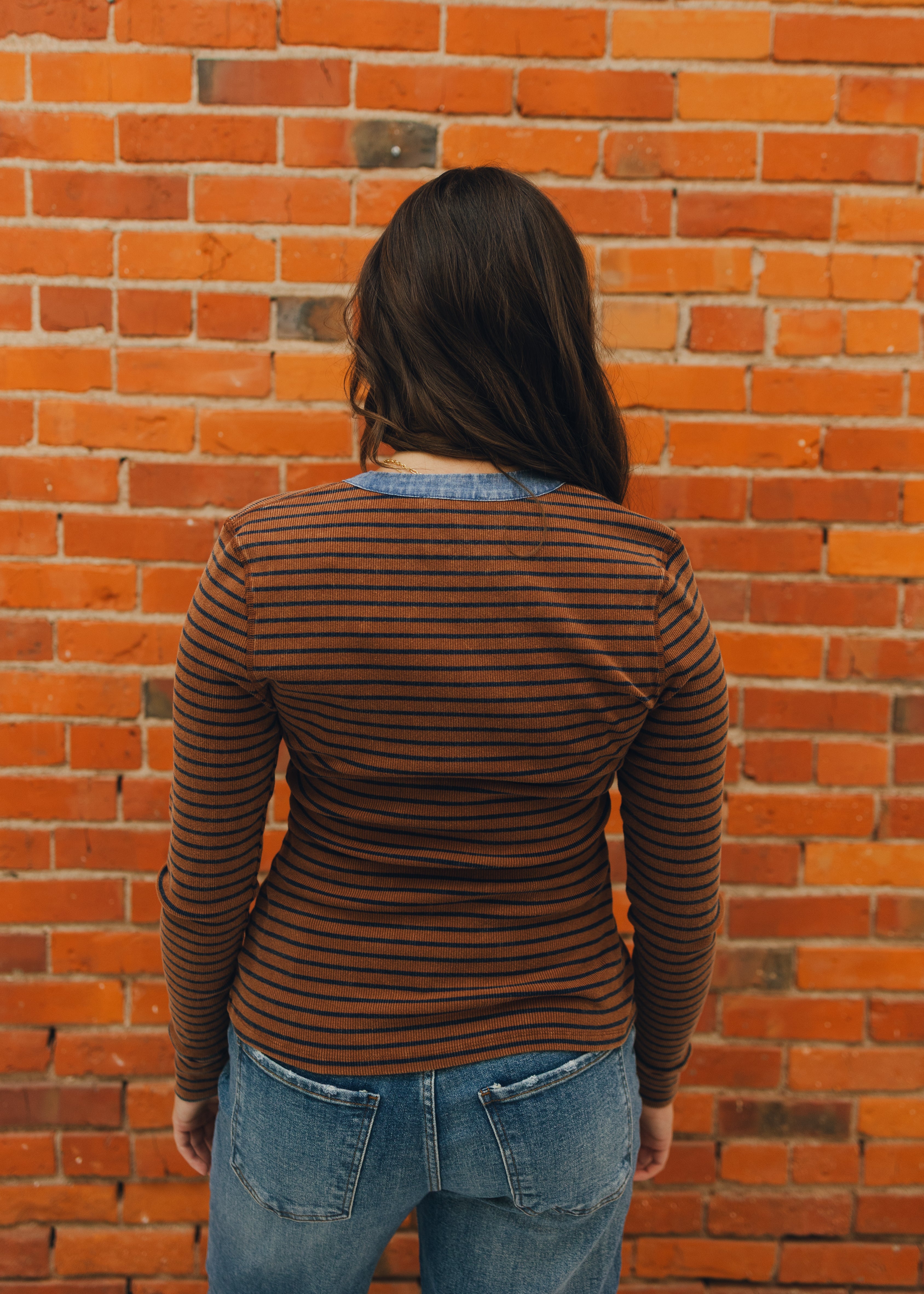 Striped Denim Trim Button Top