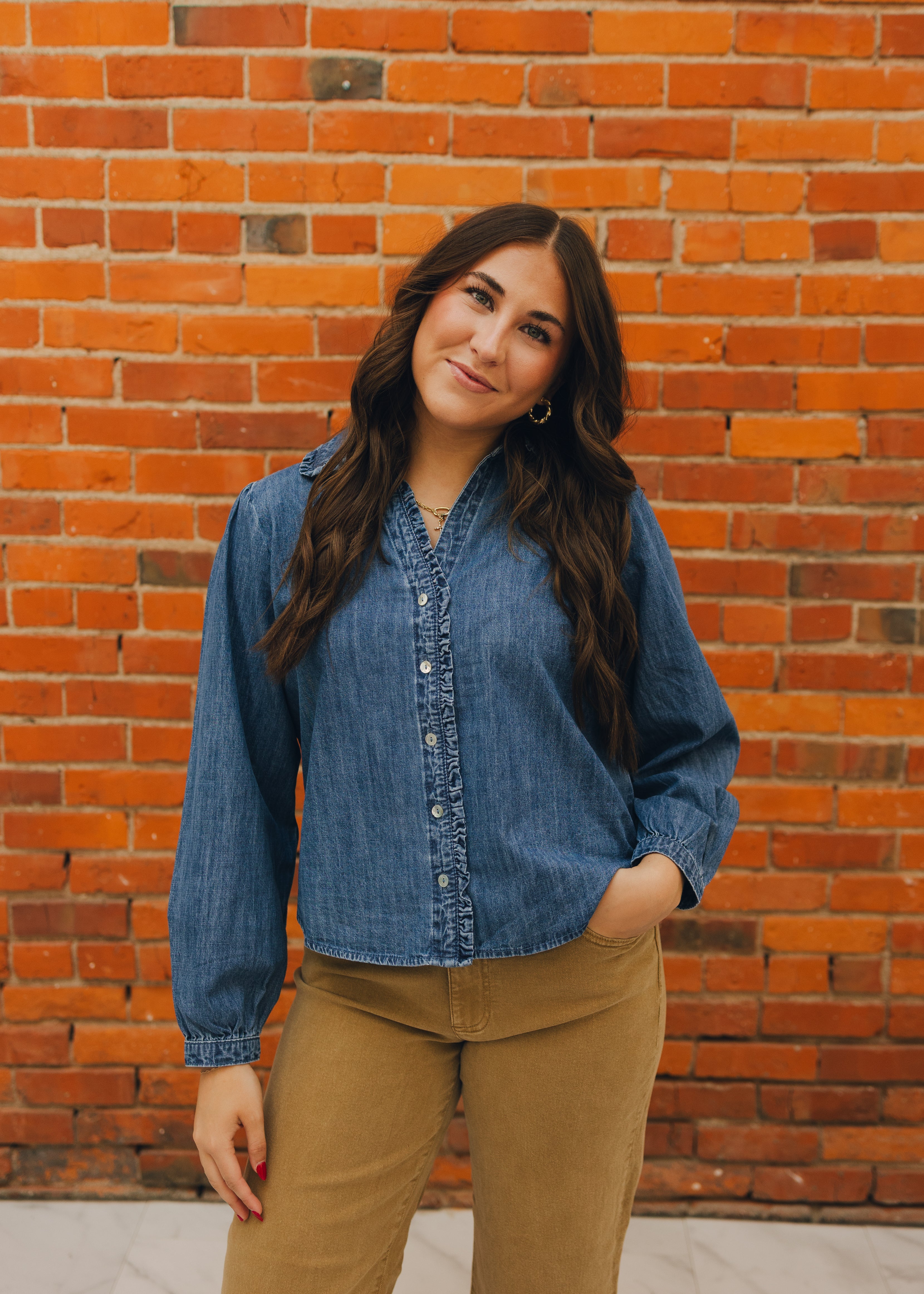 Ruffled Denim Button Down Blouse