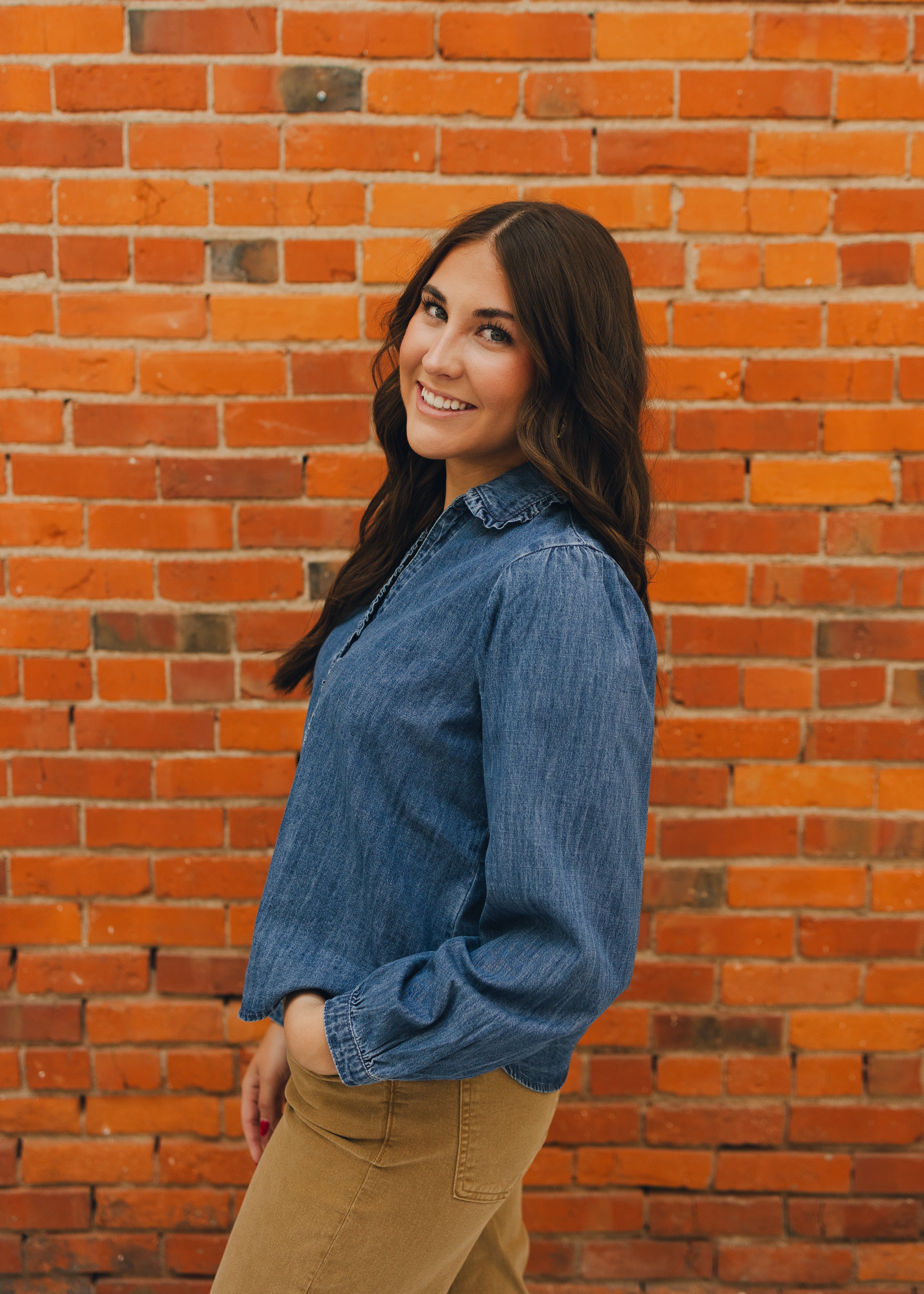 Ruffled Denim Button Down Blouse