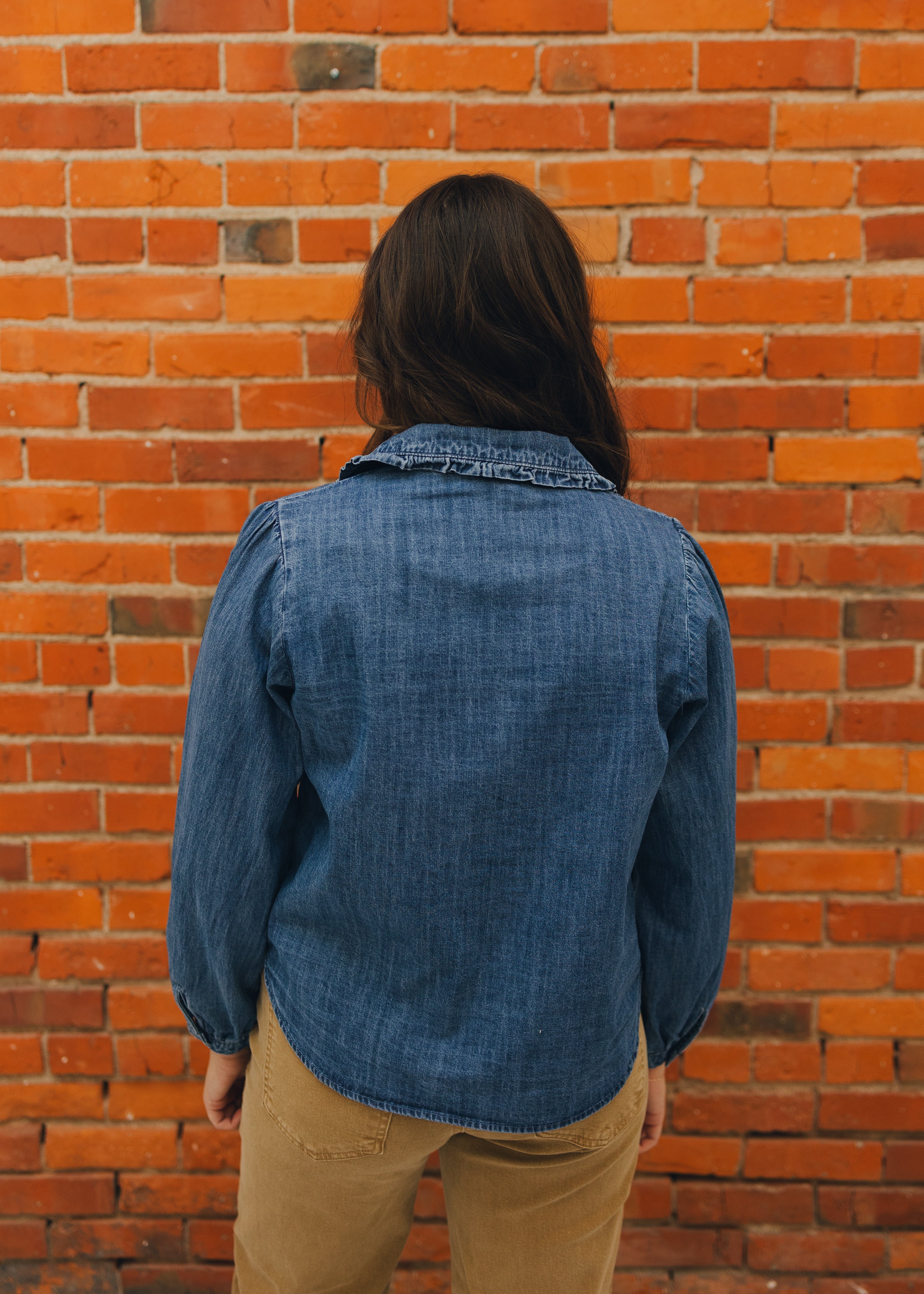 Ruffled Denim Button Down Blouse