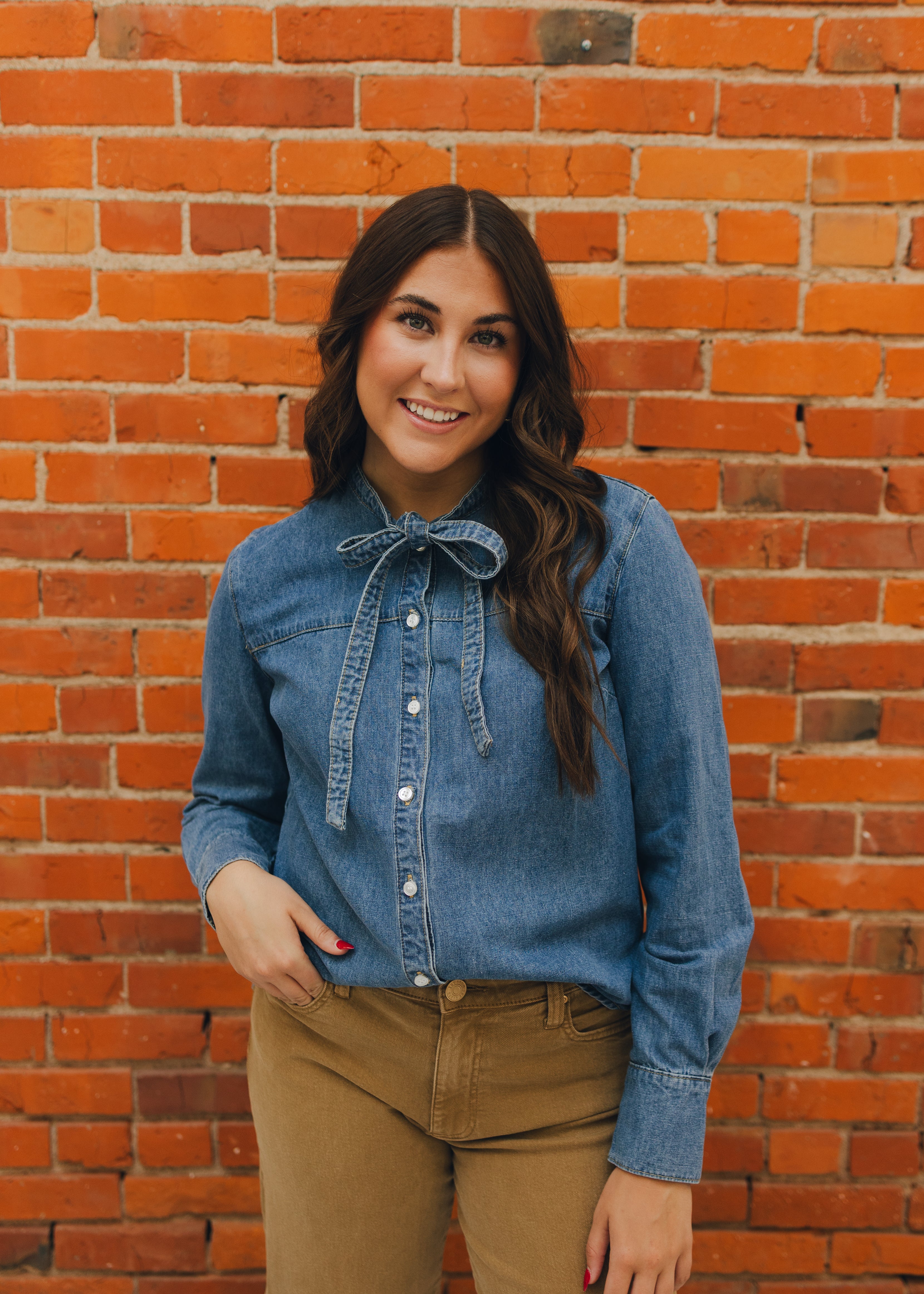 Button Down Tie Front Denim Top