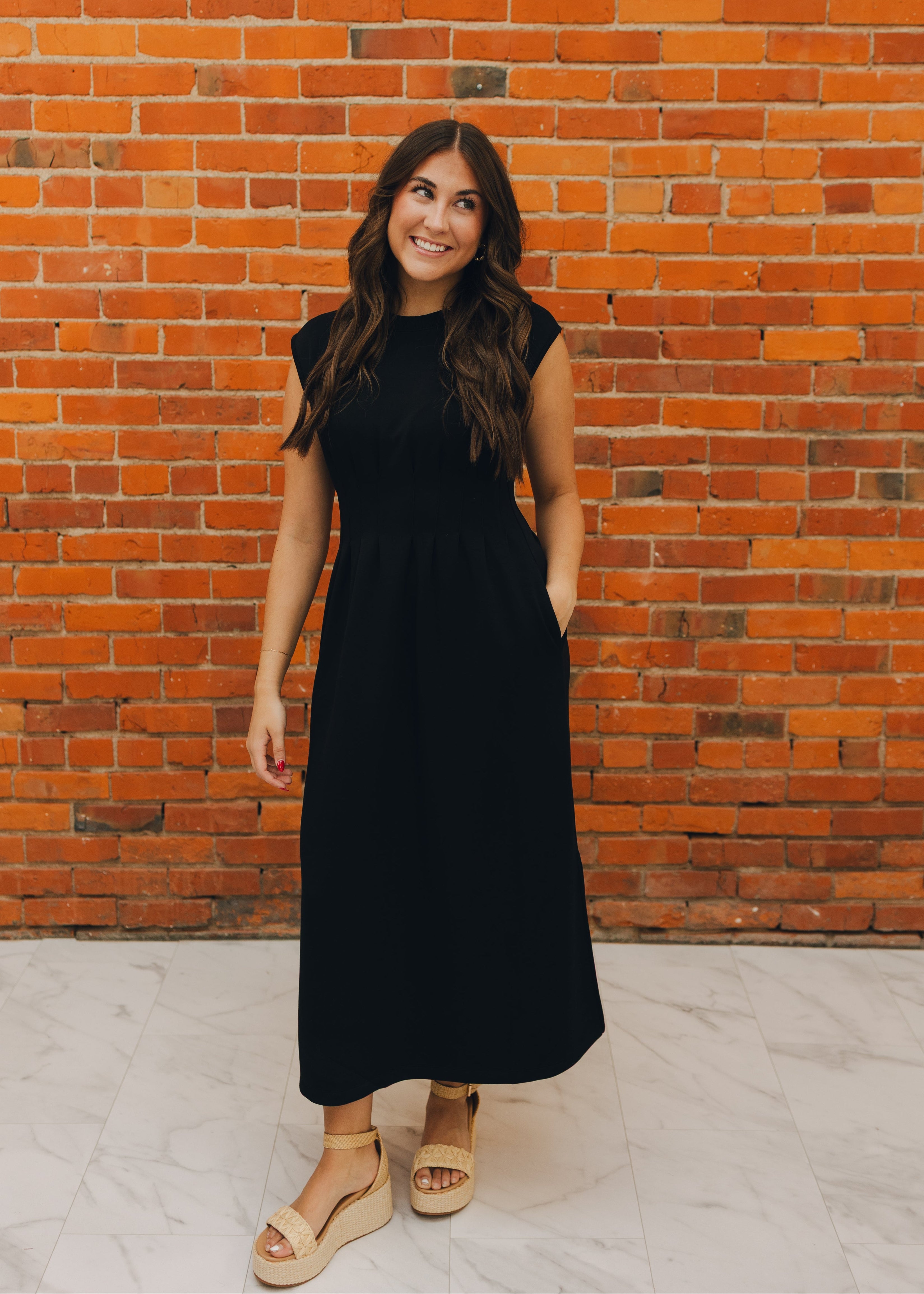 Cap Sleeve Pleated Waist Maxi Dress