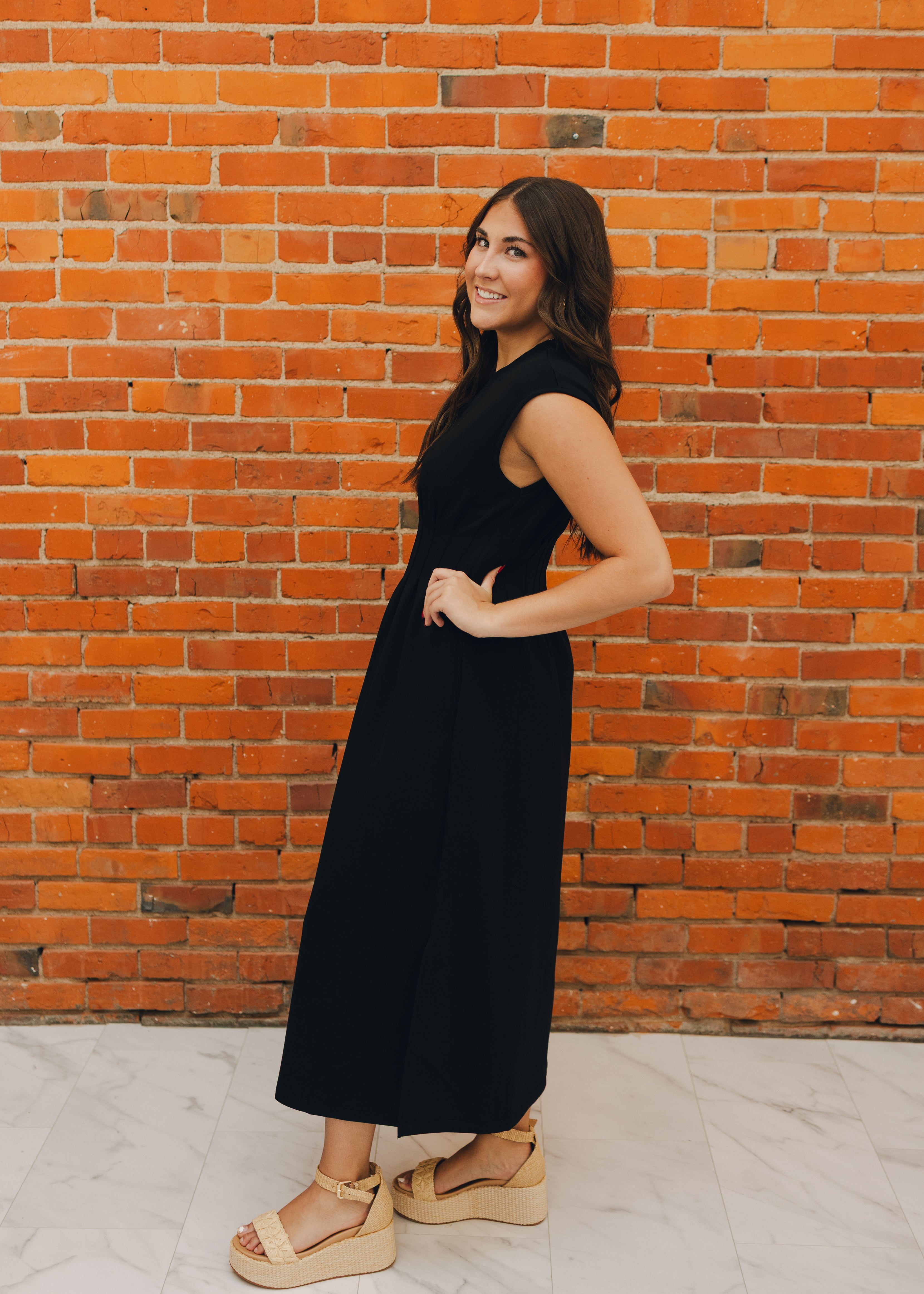 Cap Sleeve Pleated Waist Maxi Dress