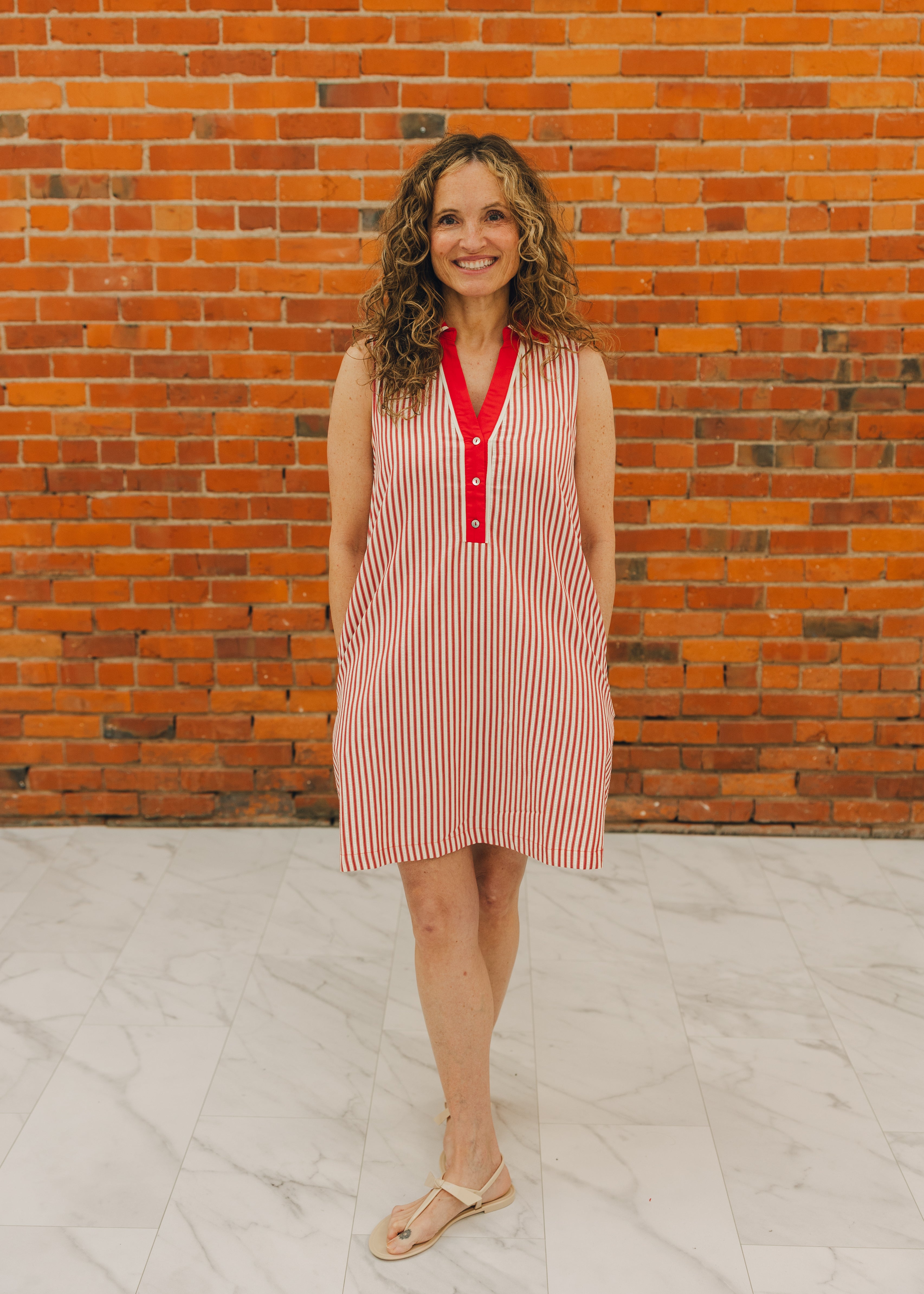 Collared Neckline Striped Woven Dress
