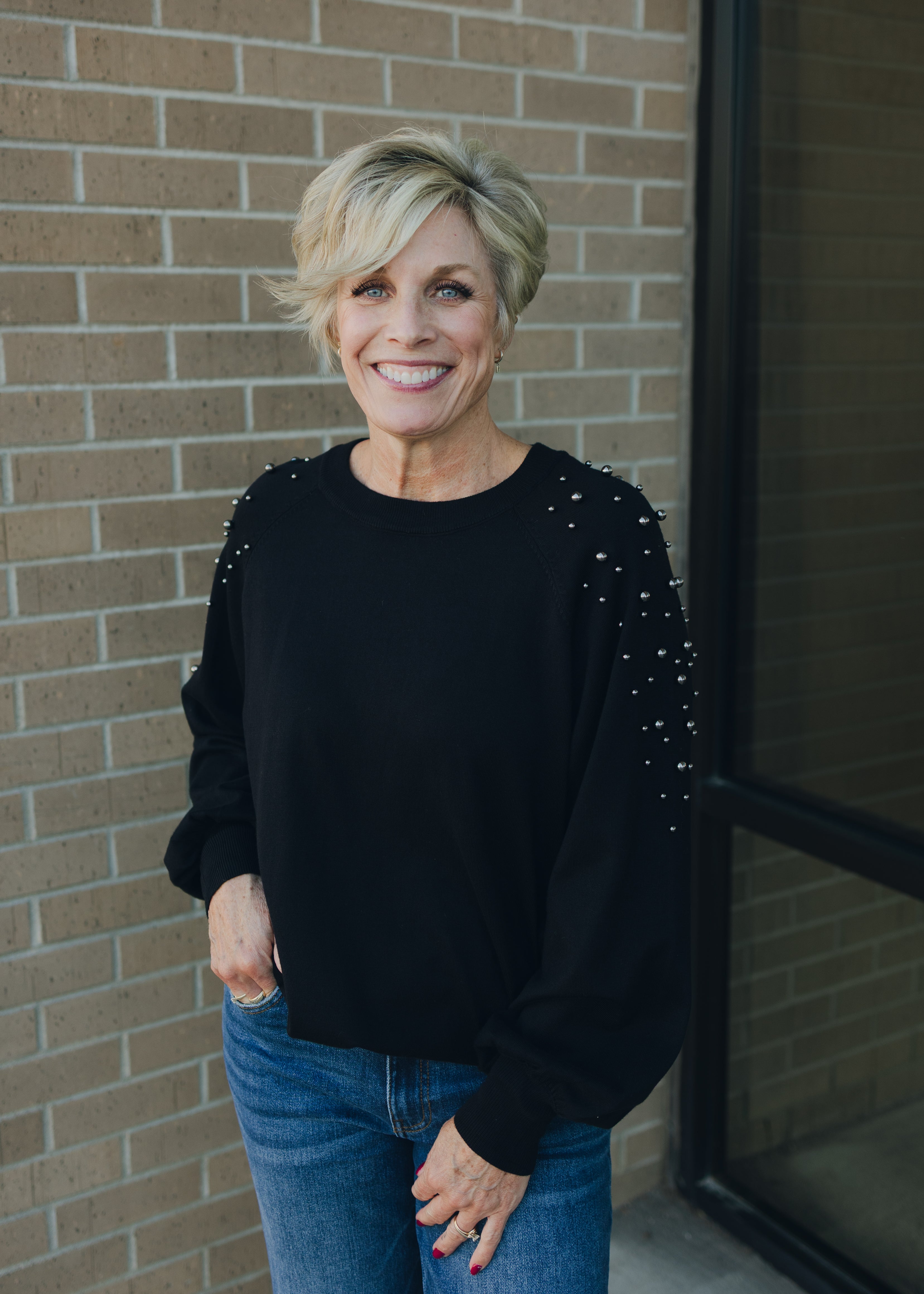 Long Sleeve Sweater W/ Pearl Detail - Black