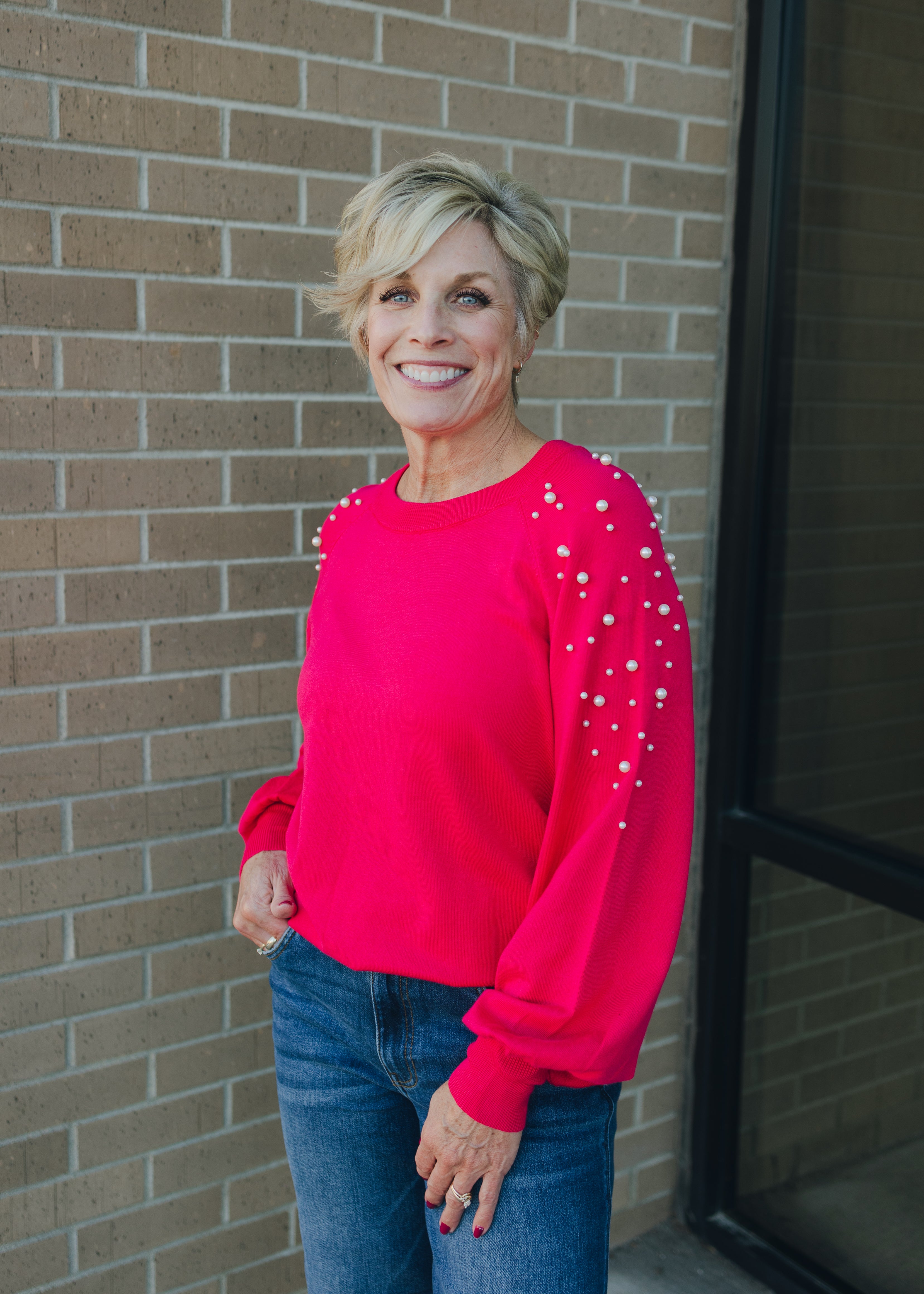 Long Sleeve Sweater W/Pearl Detail - Magenta