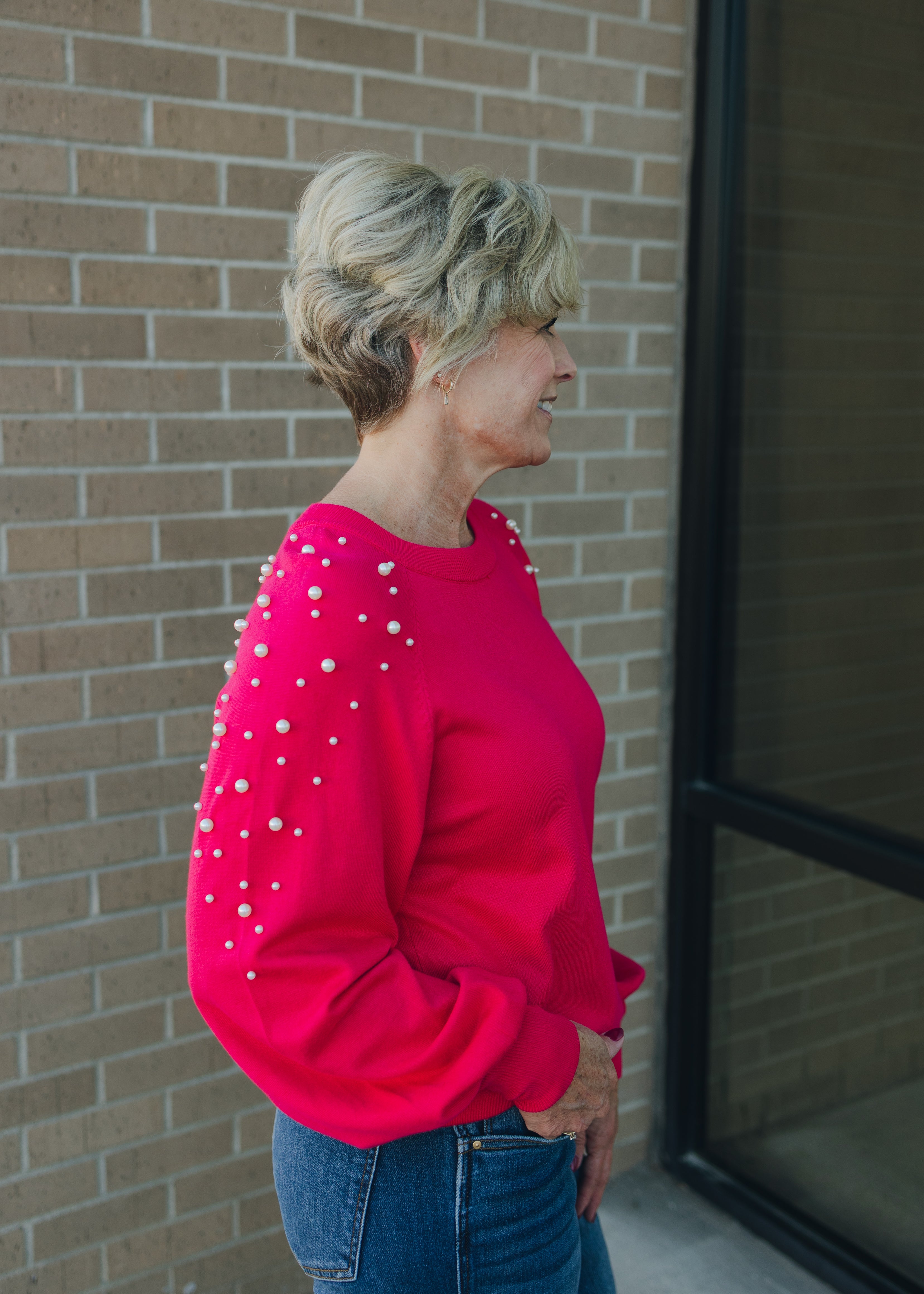 Long Sleeve Sweater W/Pearl Detail - Magenta