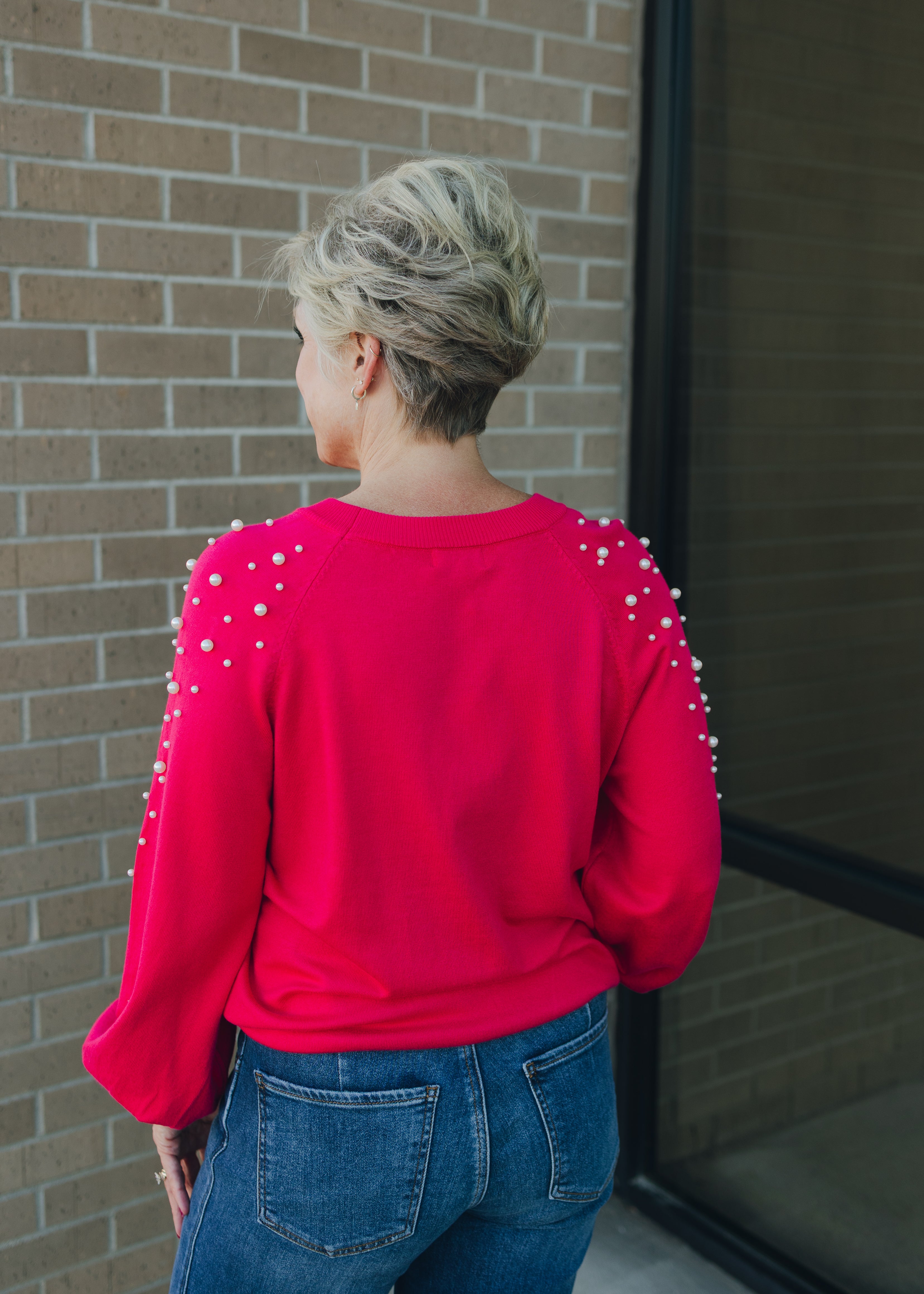 Long Sleeve Sweater W/Pearl Detail - Magenta