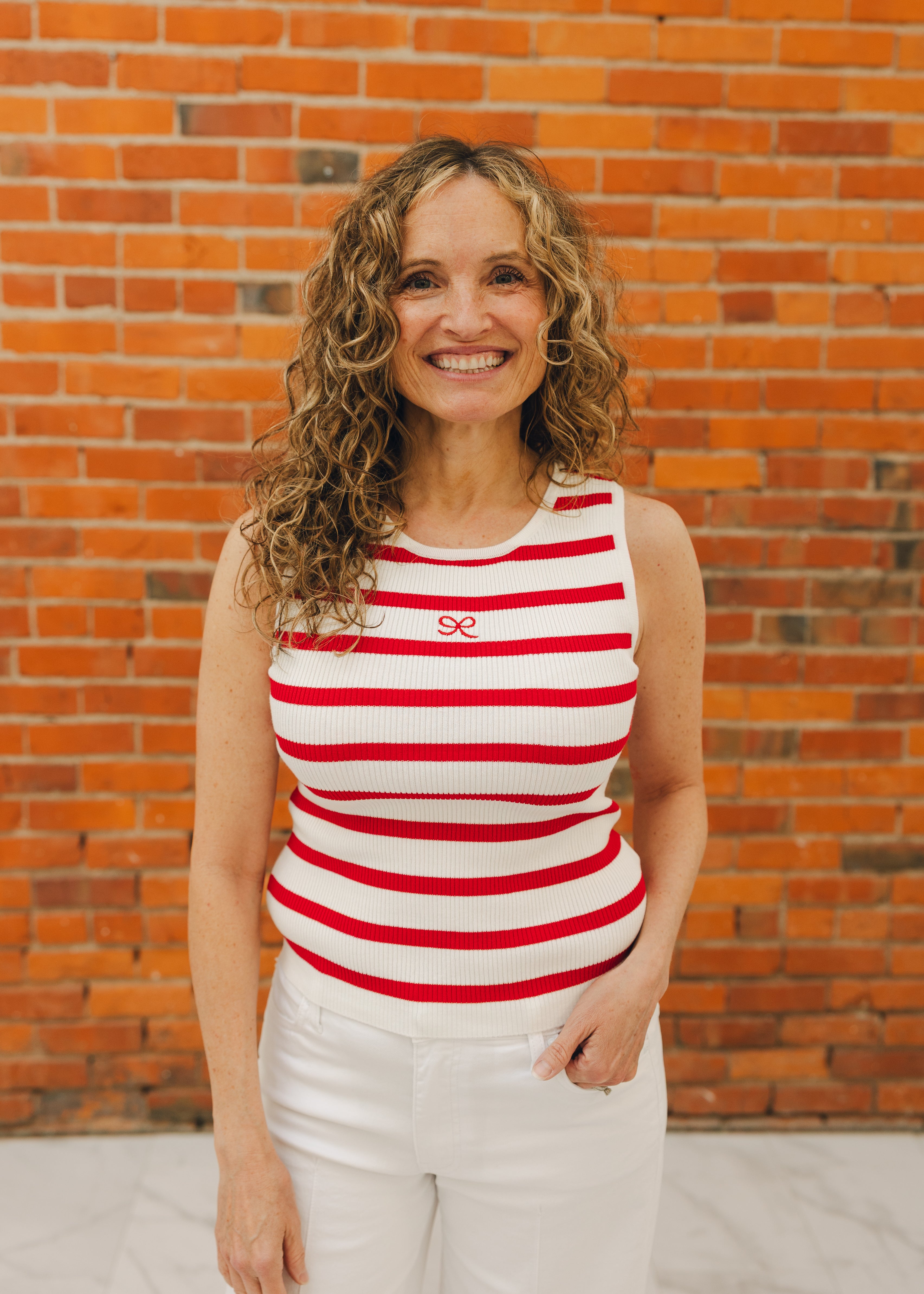 Striped Tank Top W/ Embroidered Bow