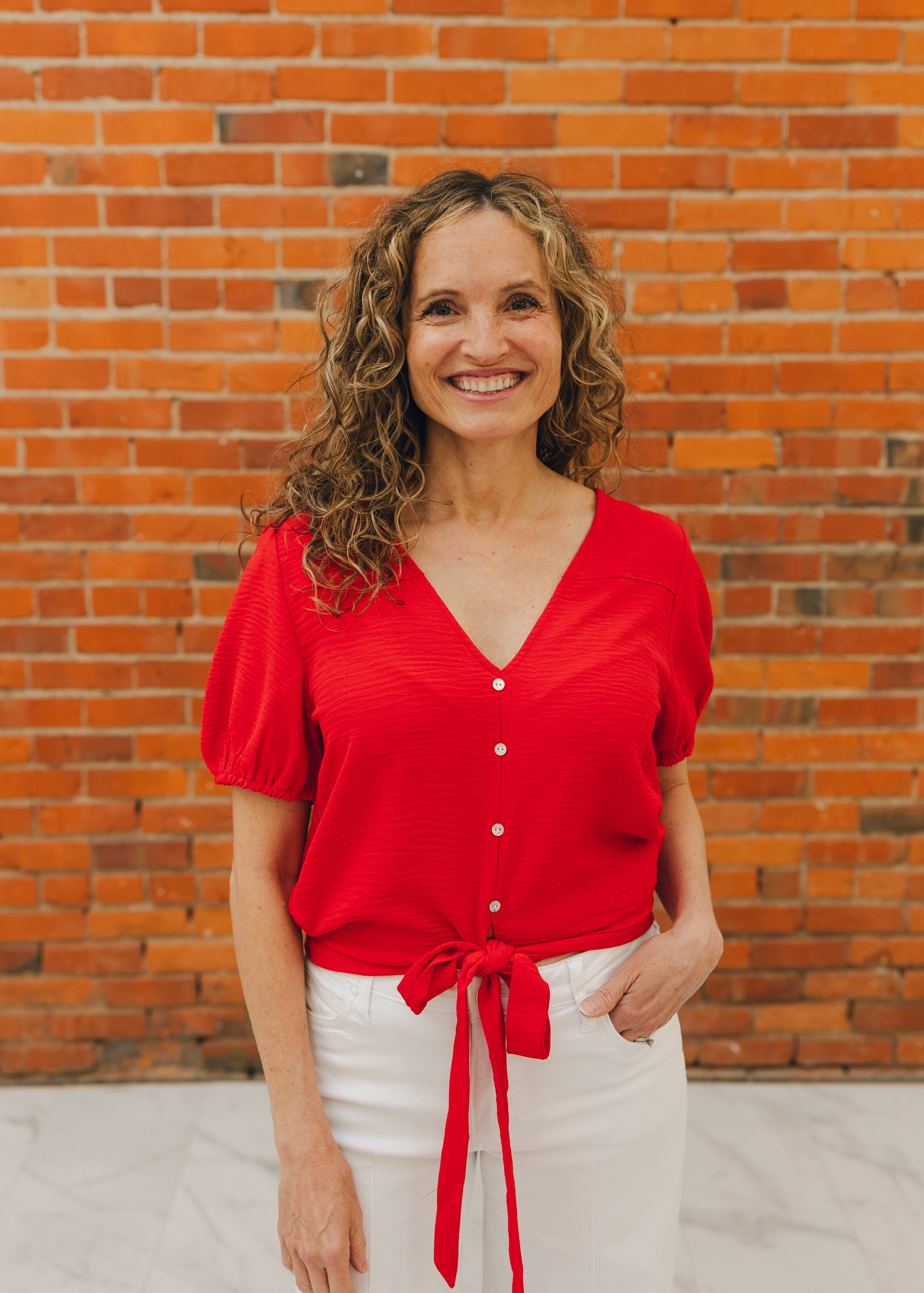 Puff Sleeve Tie Front Top W/ Button Detail
