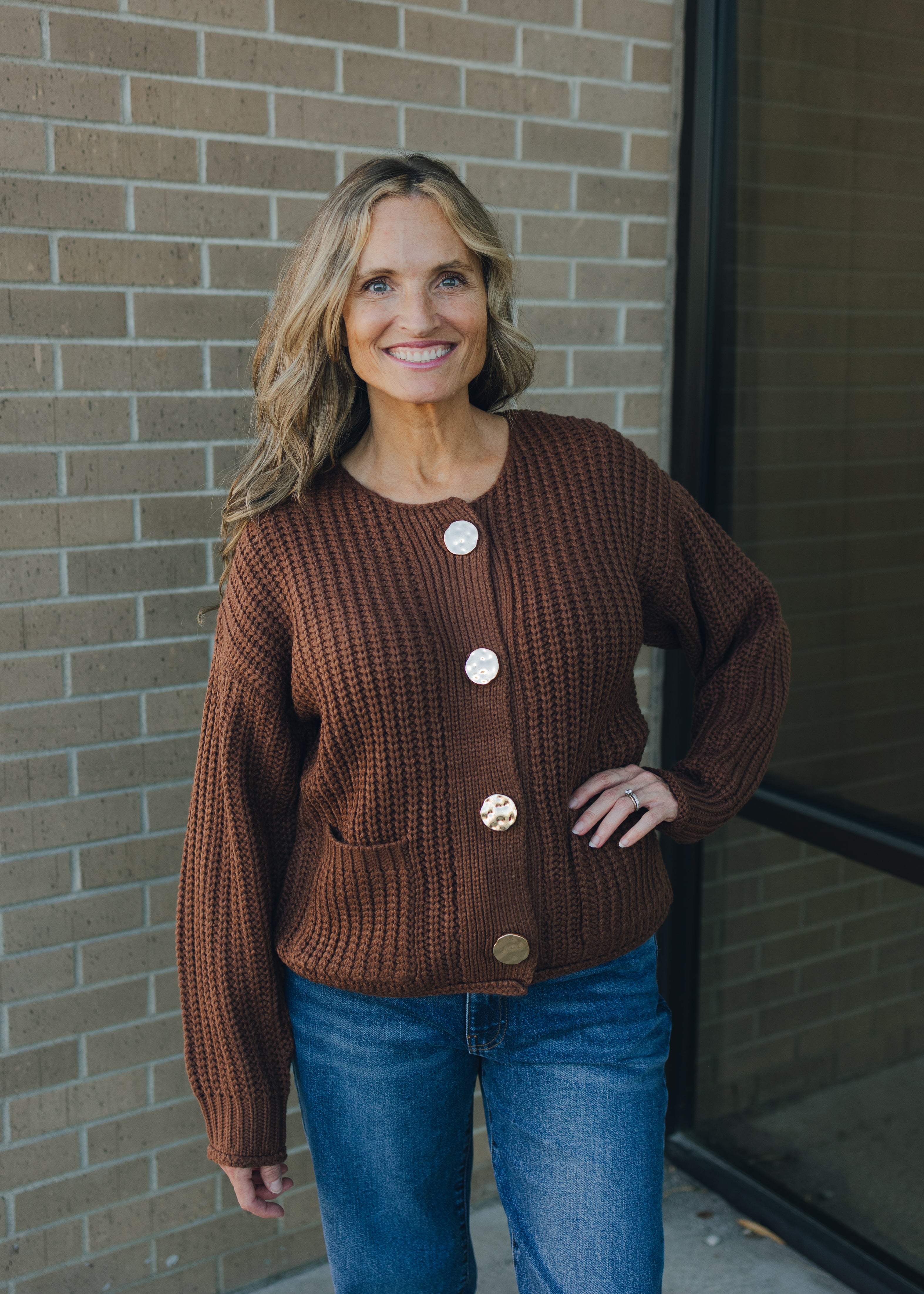 Big Button Accent Sweater Cardigan - Mocha
