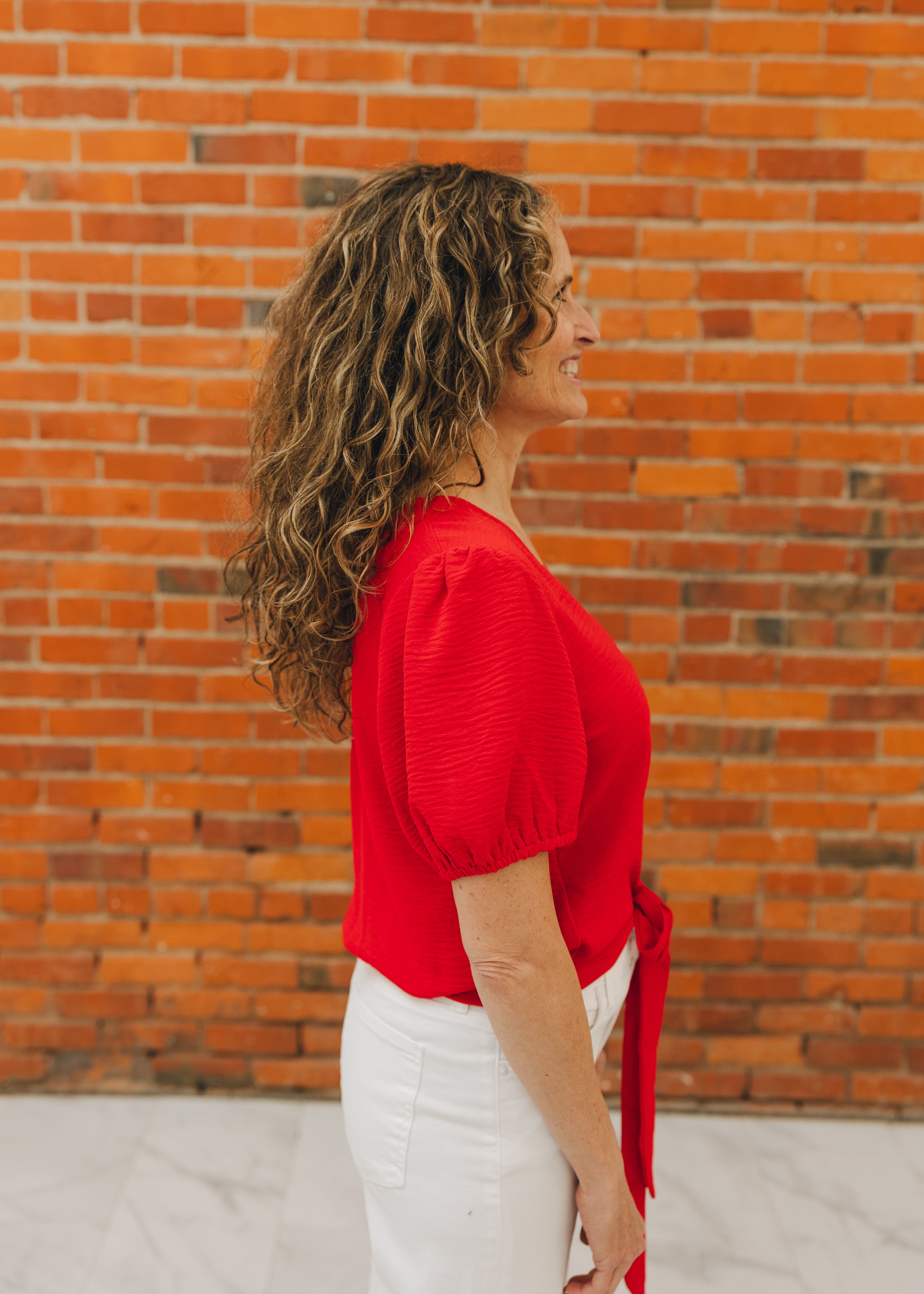 Puff Sleeve Tie Front Top W/ Button Detail