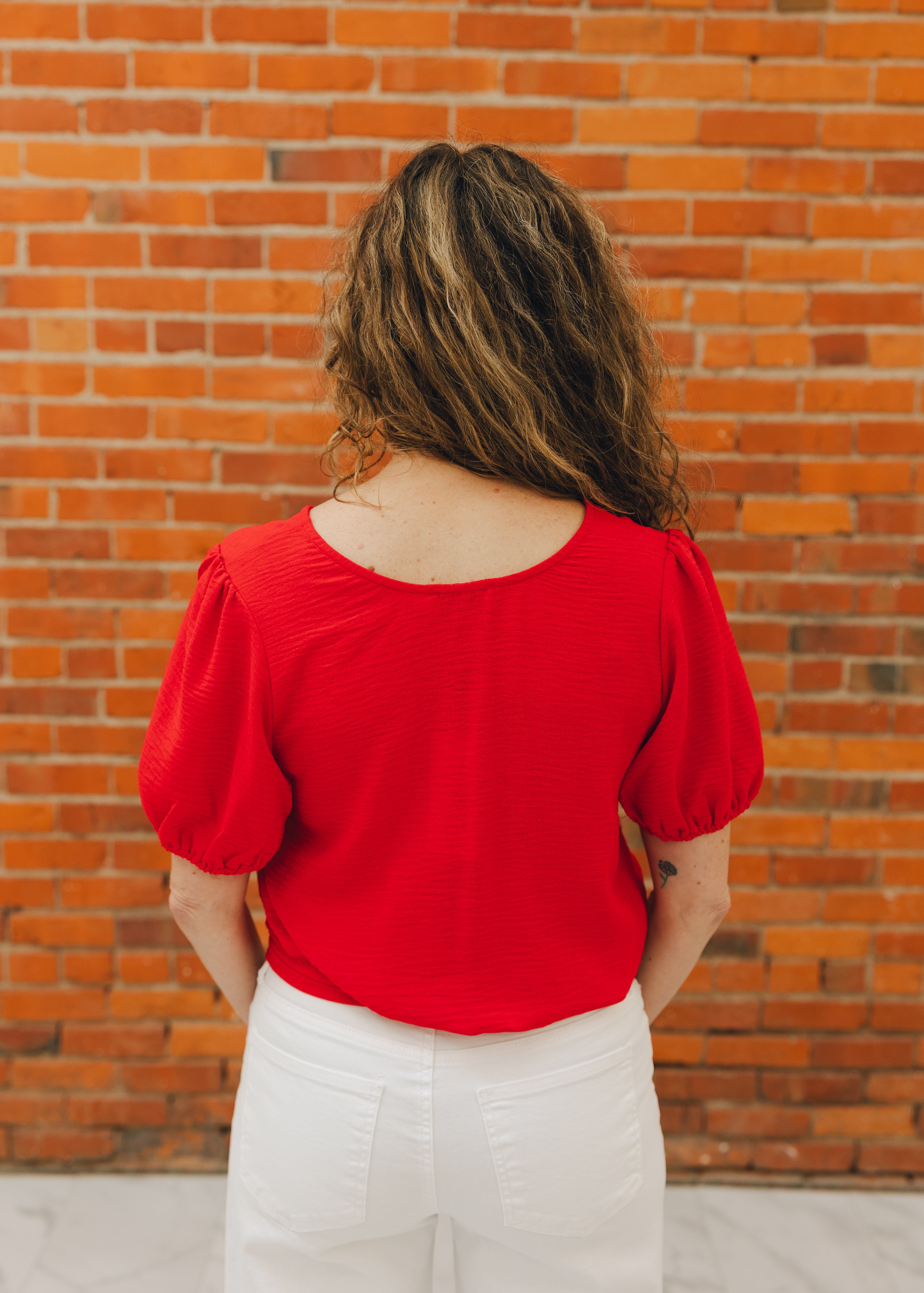 Puff Sleeve Tie Front Top W/ Button Detail